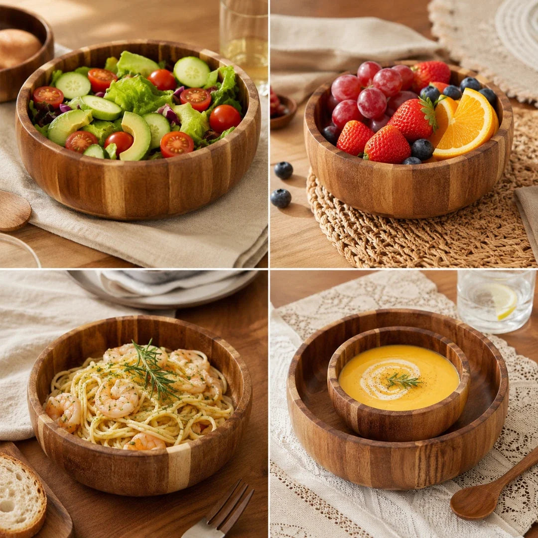 Natural Wood Serving Bowl Set – Handcrafted Acacia – 6 Sizes for Salads, Snacks & Gifts – Modern Minimalist Tableware for Everyday Dining | Thomler
