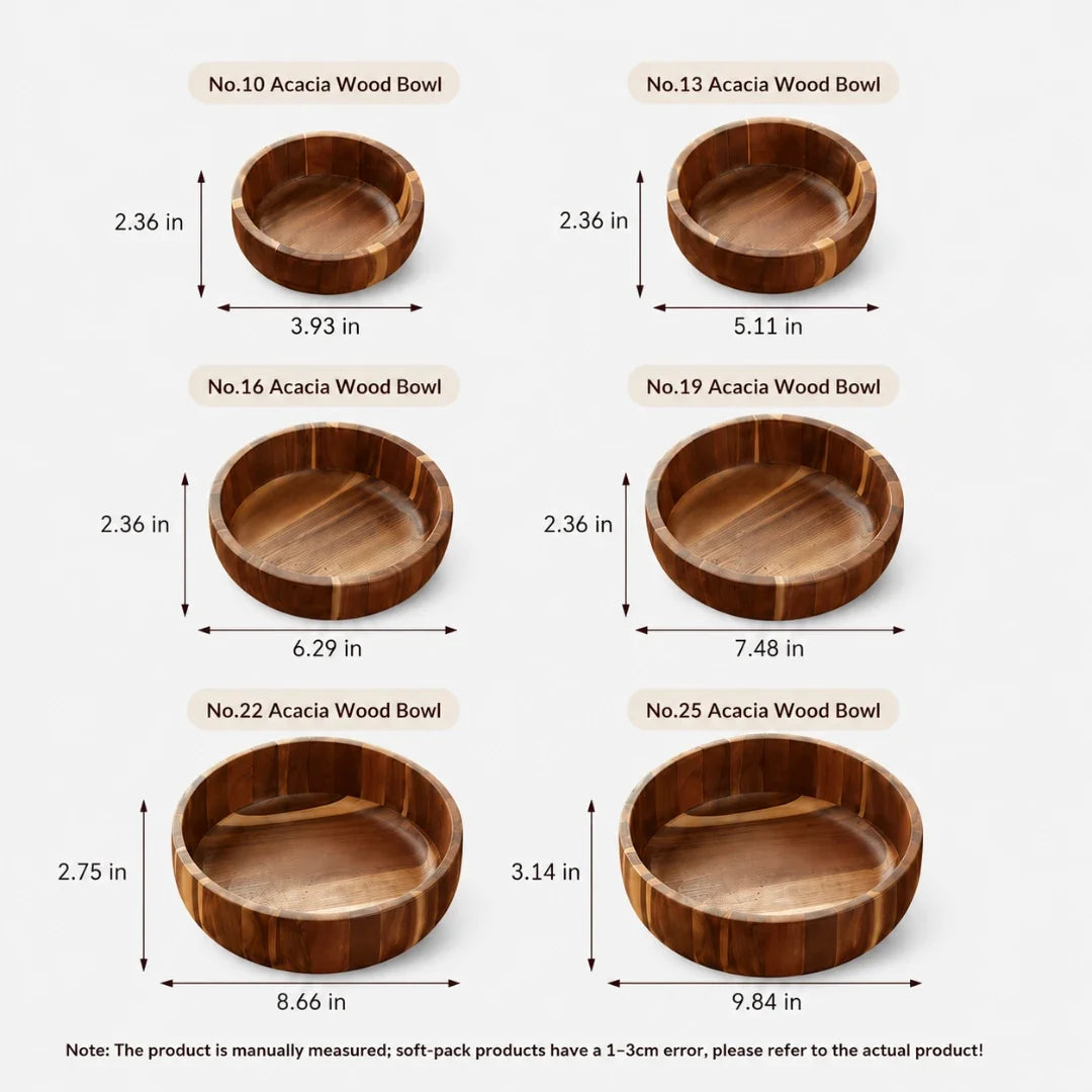 Natural Wood Serving Bowl Set – Handcrafted Acacia – 6 Sizes for Salads, Snacks & Gifts – Modern Minimalist Tableware for Everyday Dining | Thomler