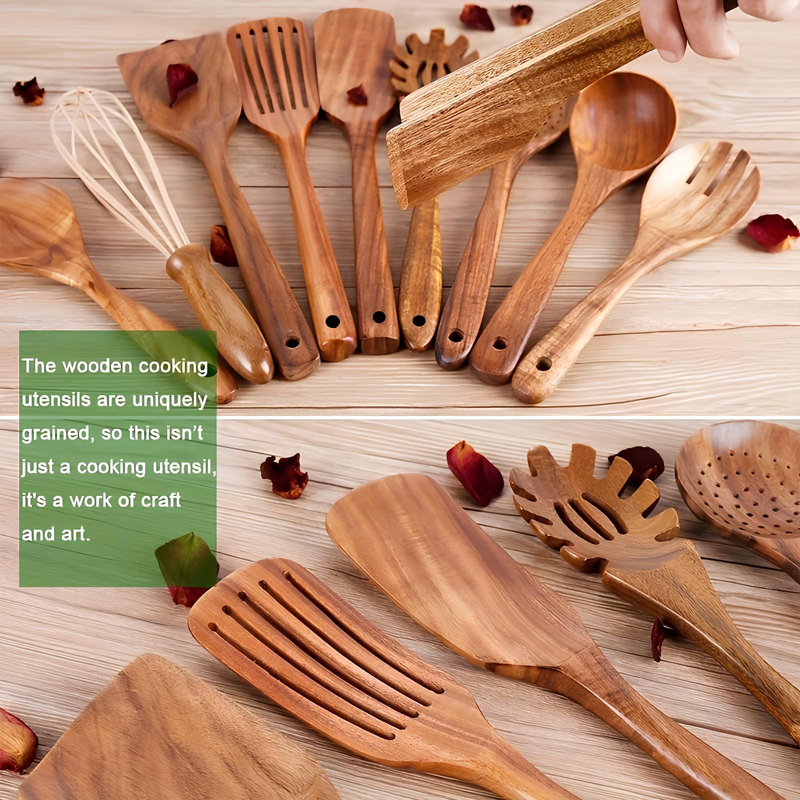 Kitchen Utensil Set Teak Wood 11 Piece Natural Cooking Tools Holder Non Stick Kitchen Accessories | Thomler