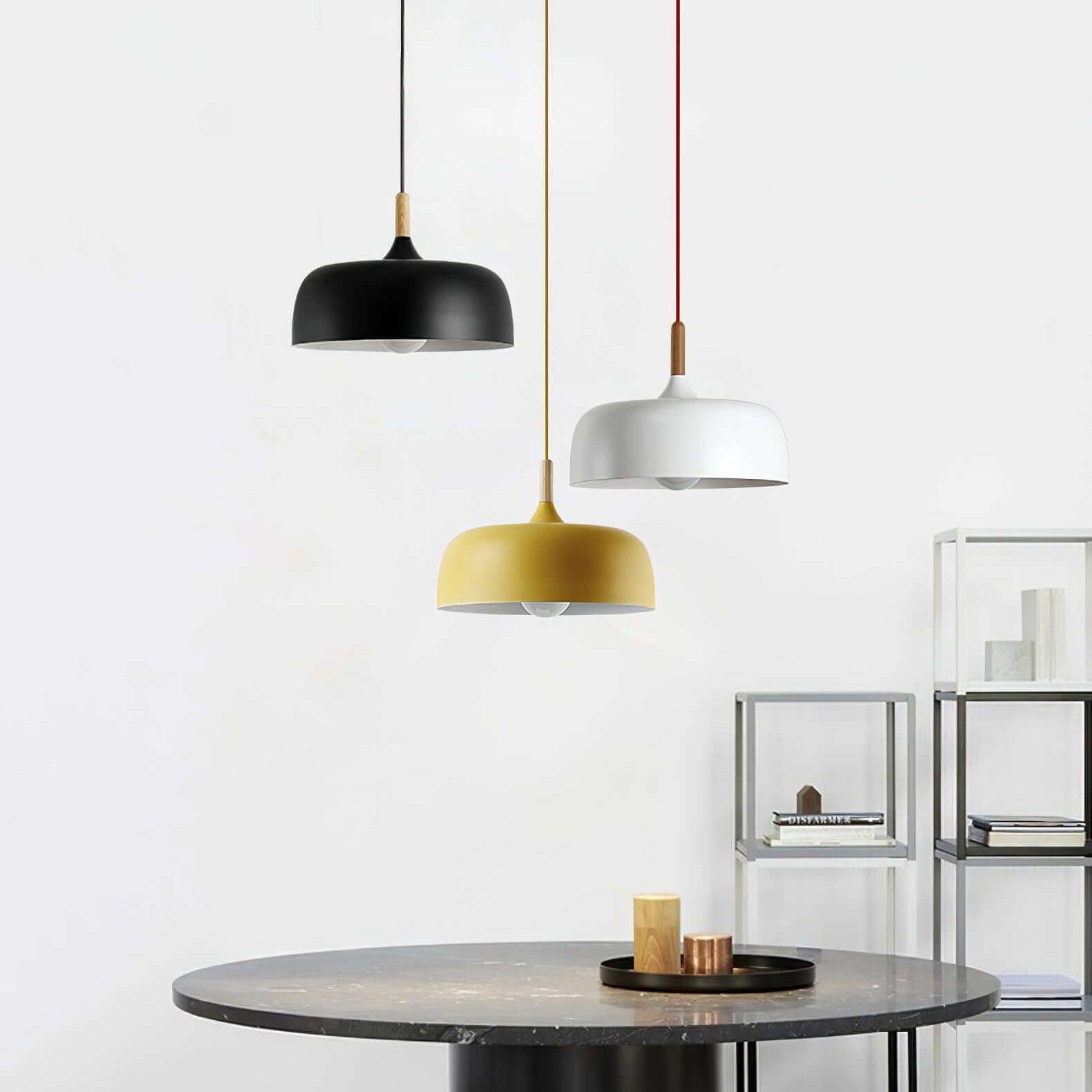 Hanging Ceiling Light Fixture with Wood Trim & Metal Shade for Kitchen Island, Dining Table, Breakfast Bar — Dimmable Compatible, Adjustable | Thomler