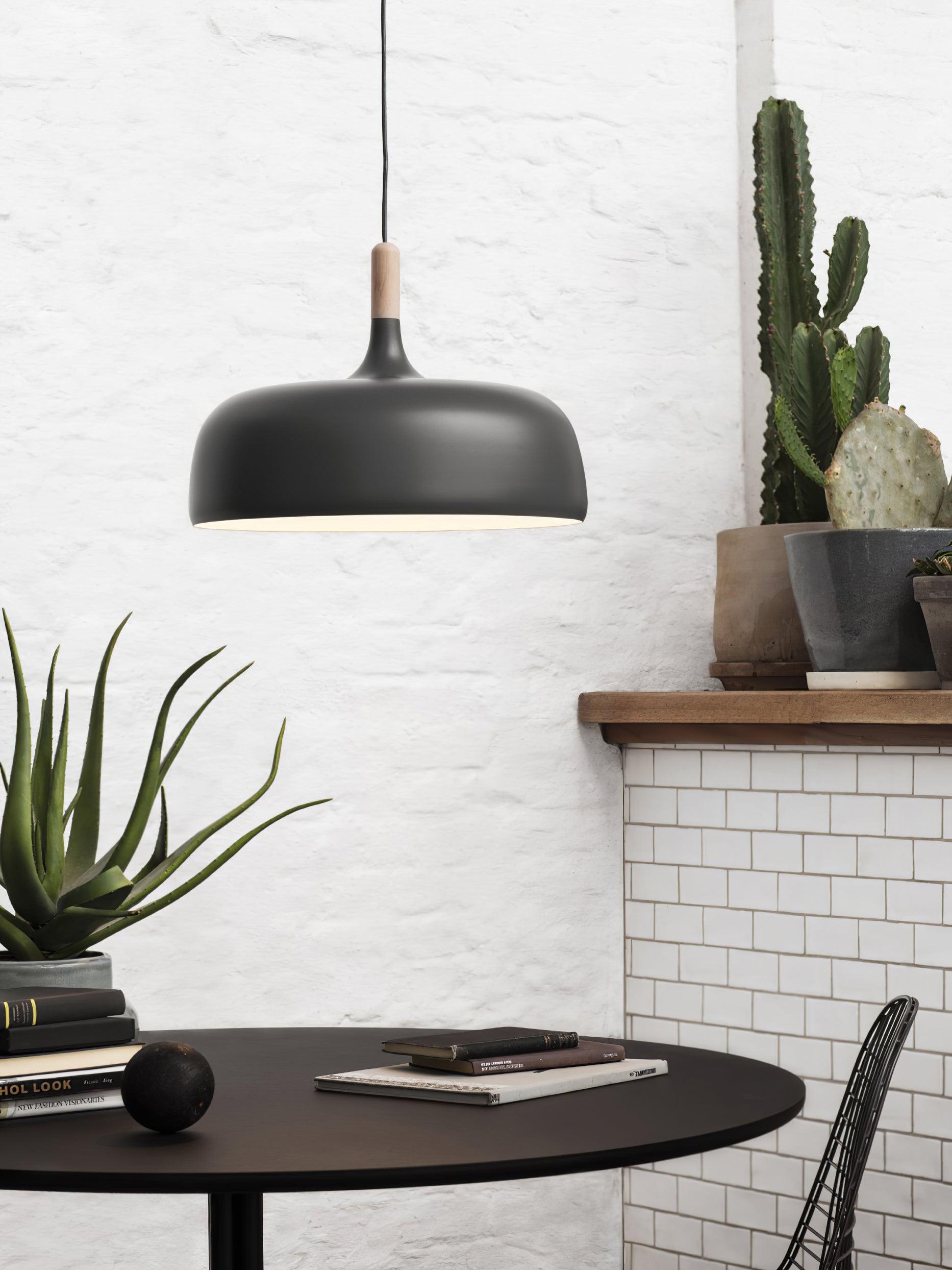 Hanging Ceiling Light Fixture with Wood Trim & Metal Shade for Kitchen Island, Dining Table, Breakfast Bar — Dimmable Compatible, Adjustable | Thomler