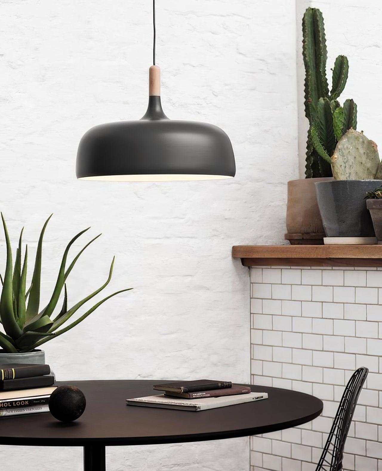 Hanging Ceiling Light Fixture with Wood Trim & Metal Shade for Kitchen Island, Dining Table, Breakfast Bar — Dimmable Compatible, Adjustable | Thomler