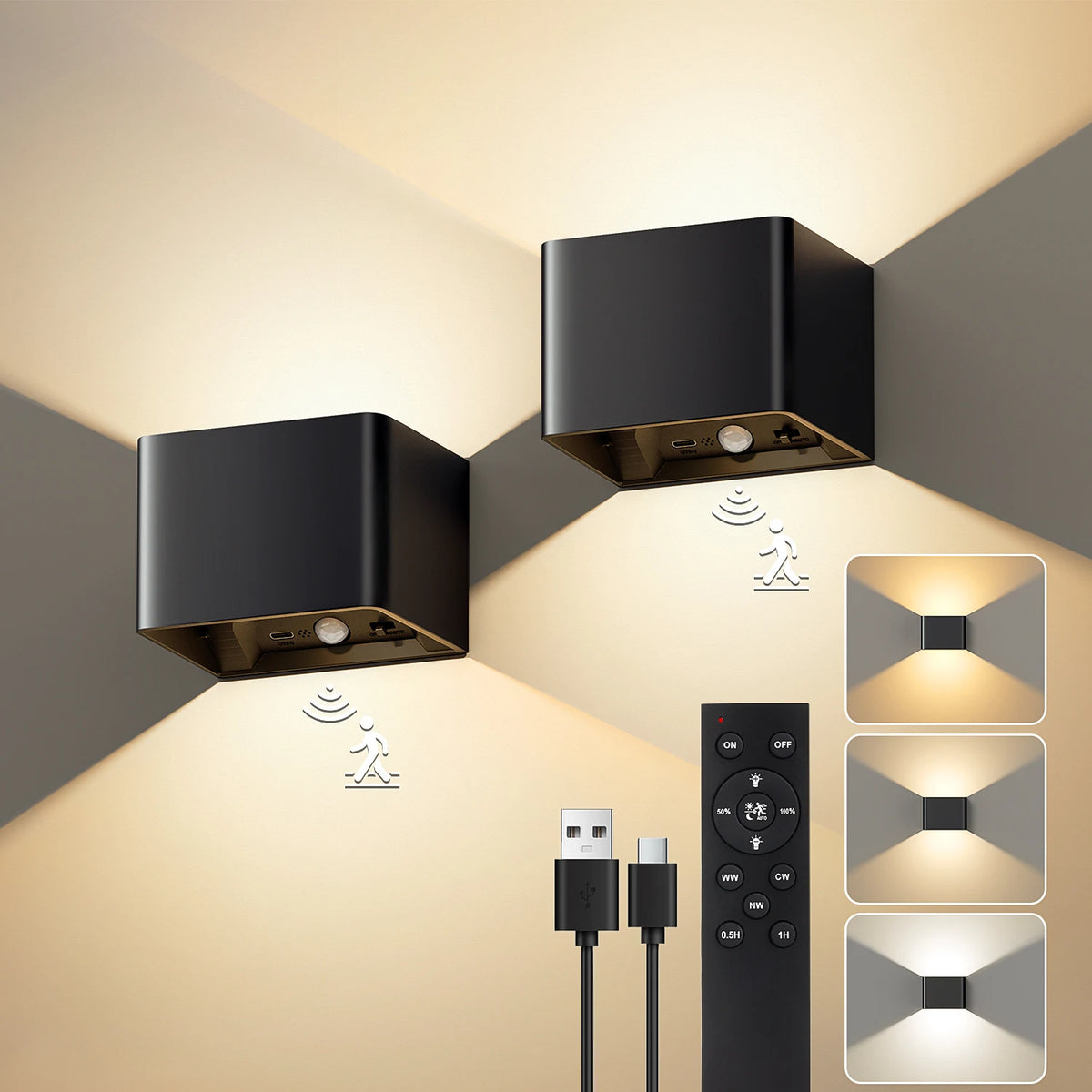 Motion-Activated Rechargeable Wall Sconce Set, Wireless LED Indoor Lighting with Remote Control, Adjustable Brightness & 3 Color Modes for | Thomler