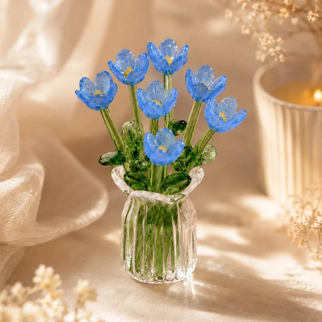 Handblown Glass Flower Display – 7-Bloom Arrangement with Mini Vase – Forever Florals for Shelves & Tabletops | Thomler