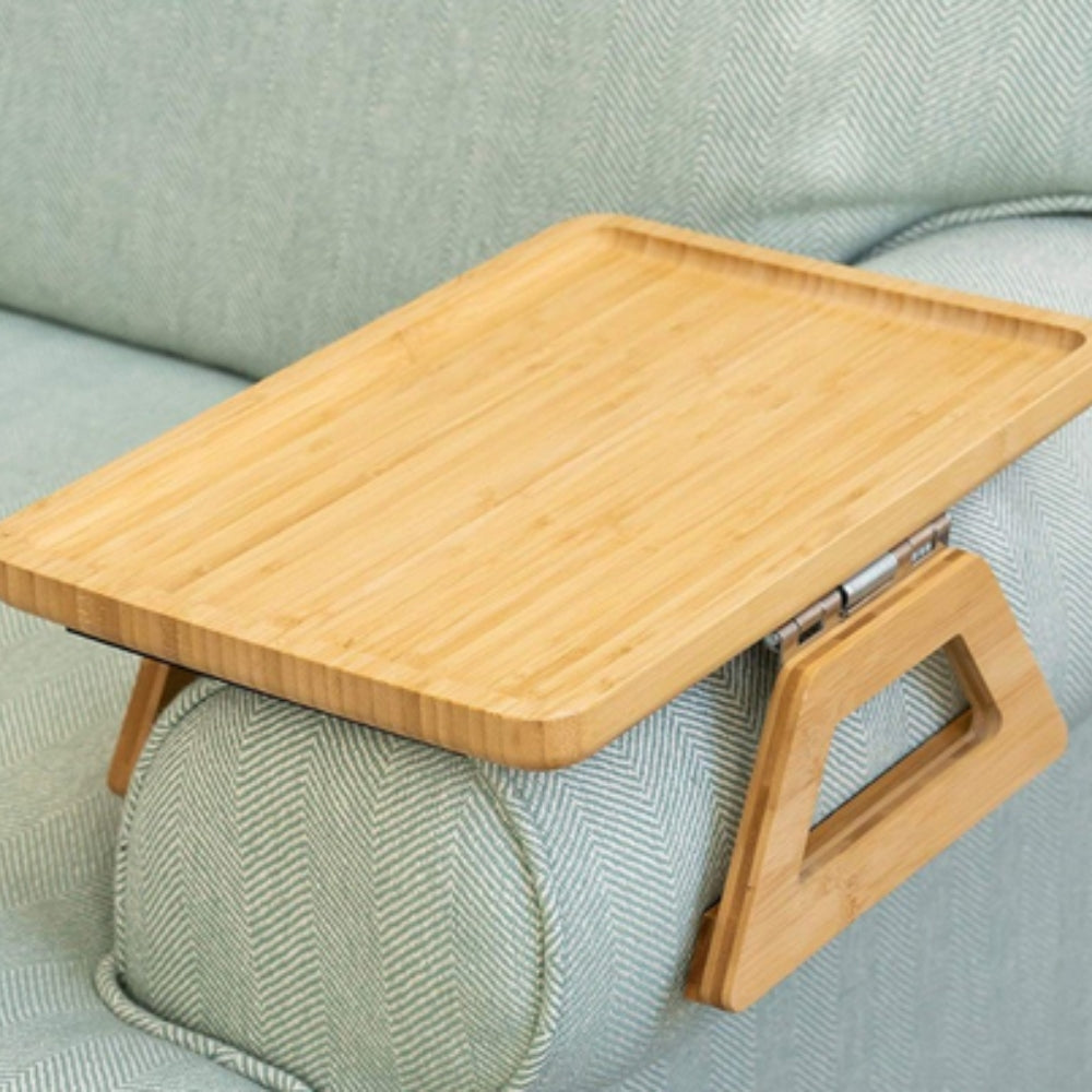 Bamboo Sofa Arm Tray with Adjustable Clip – Couch Side Table for Drinks, Snacks & Remote – No Assembly Armrest Caddy Organizer | Thomler