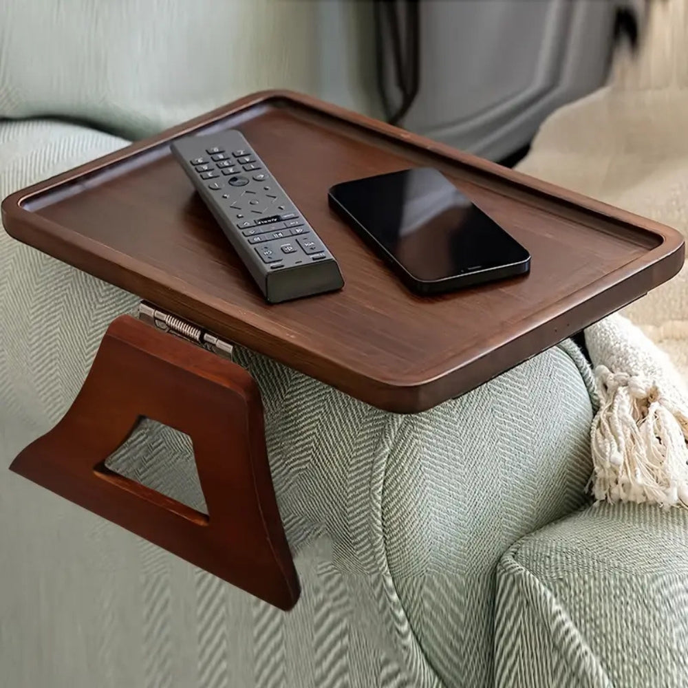 Bamboo Sofa Arm Tray with Adjustable Clip – Couch Side Table for Drinks, Snacks & Remote – No Assembly Armrest Caddy Organizer | Thomler