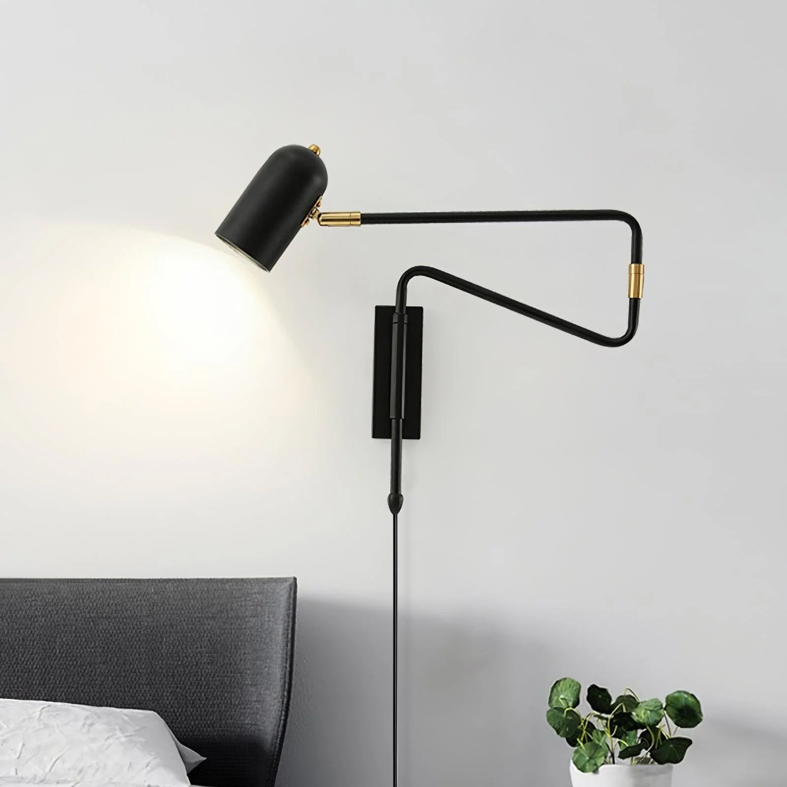 Wall Lamp Metal Adjustable Arm 27.6 in Black Gold Indoor Reading Light 360° Rotatable Shade Contemporary Bedroom Living Room | Thomler