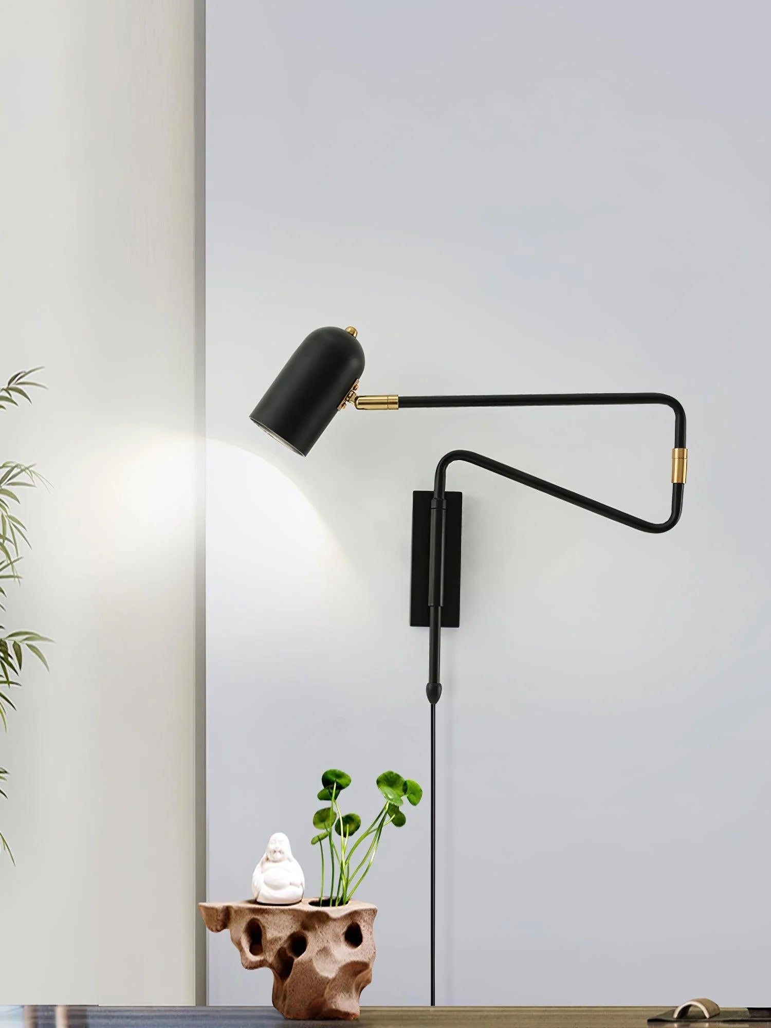 Wall Lamp Metal Adjustable Arm 27.6 in Black Gold Indoor Reading Light 360° Rotatable Shade Contemporary Bedroom Living Room | Thomler