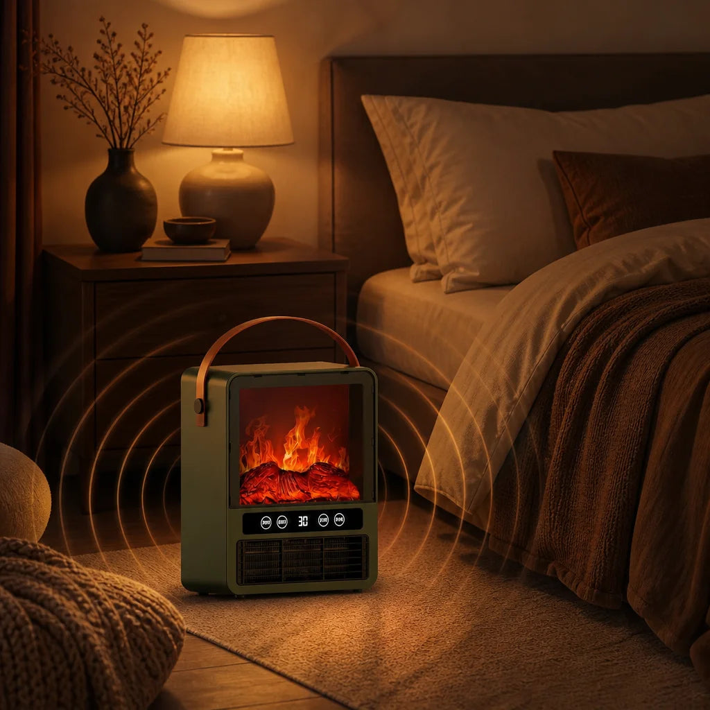 Ceramic Space Heater with Simulated Fireplace Flames, Crackling Audio & Tip-Over Safety Shutoff for Bedroom Office Living Room | Thomler