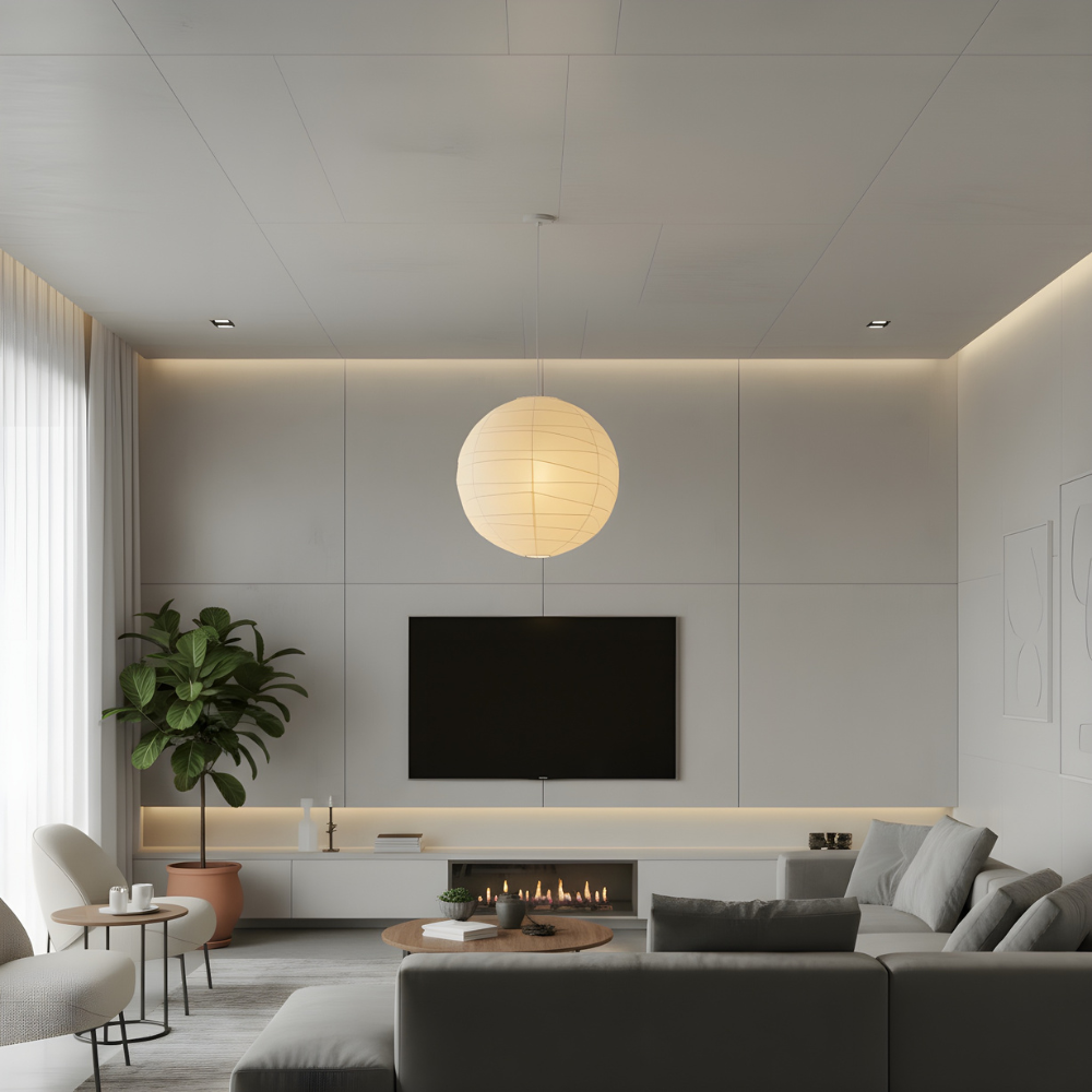 Pendant Light Rice Paper 55.0 cm White Bedroom Living Room Japandi Scandinavian Hanging Ceiling Light | Thomler