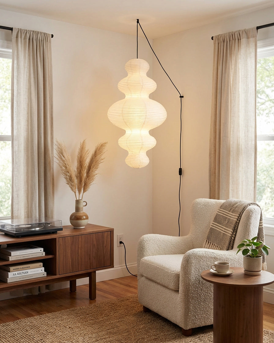 Pendant Light Rice Paper 18.5 in x 32.2 in White Dining Room Kitchen Island Hanging Lamp Sculptural Modern Minimalist | Thomler