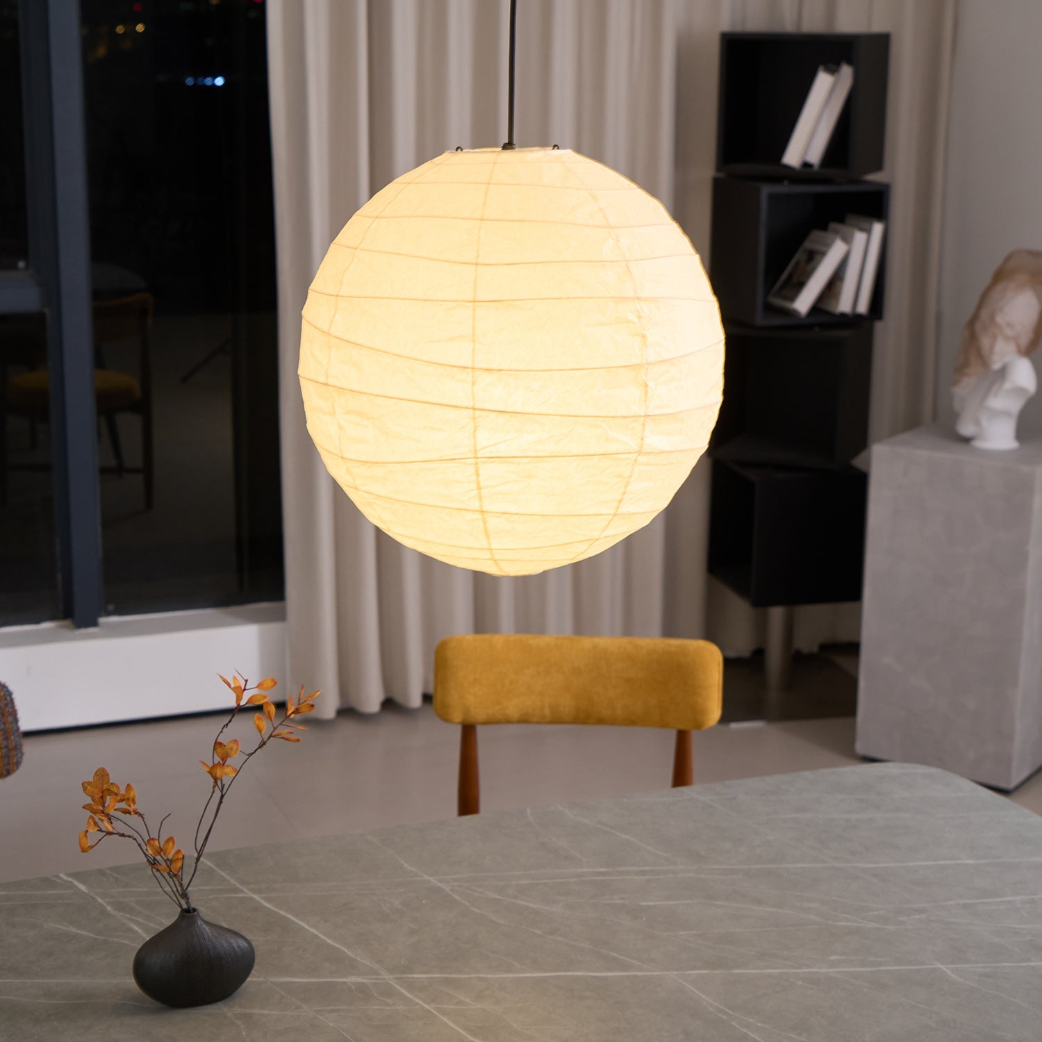 Pendant Light Japanese Washi Paper 17.7 in White Dining Room Living Room Hanging Ceiling Lamp Modern Minimalist Design | Thomler