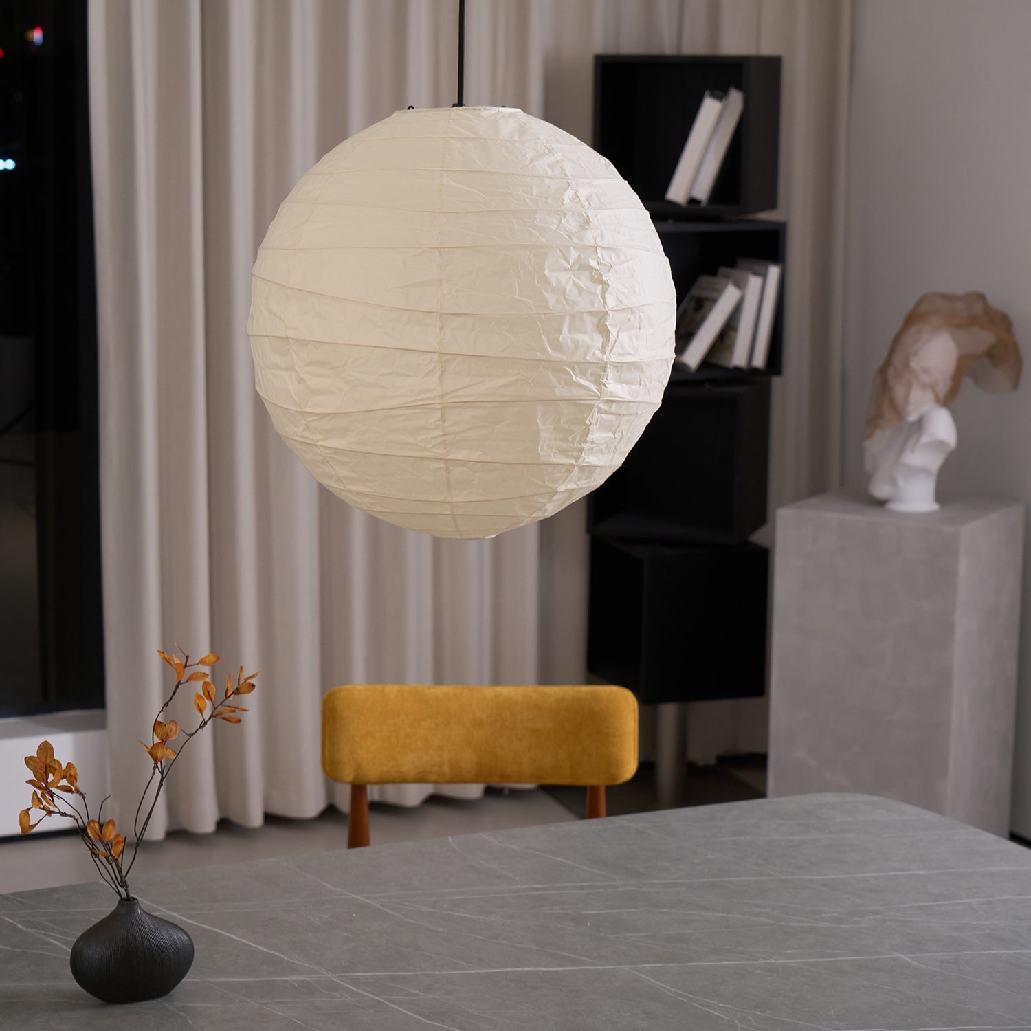 Pendant Light Japanese Washi Paper 17.7 in White Dining Room Living Room Hanging Ceiling Lamp Modern Minimalist Design | Thomler