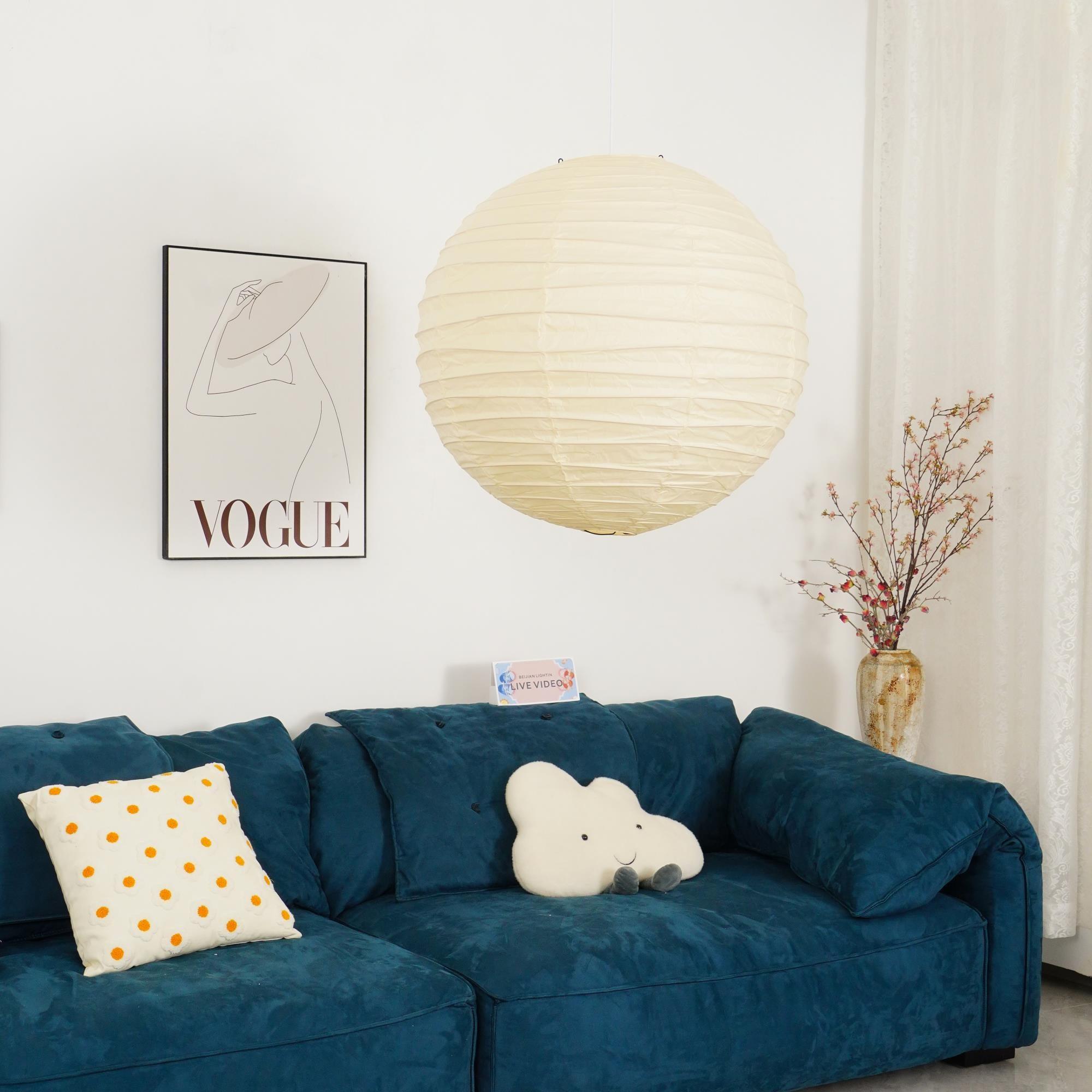 Pendant Light Japanese Washi Paper 17.7 in White Dining Room Living Room Hanging Ceiling Lamp Modern Minimalist Design | Thomler