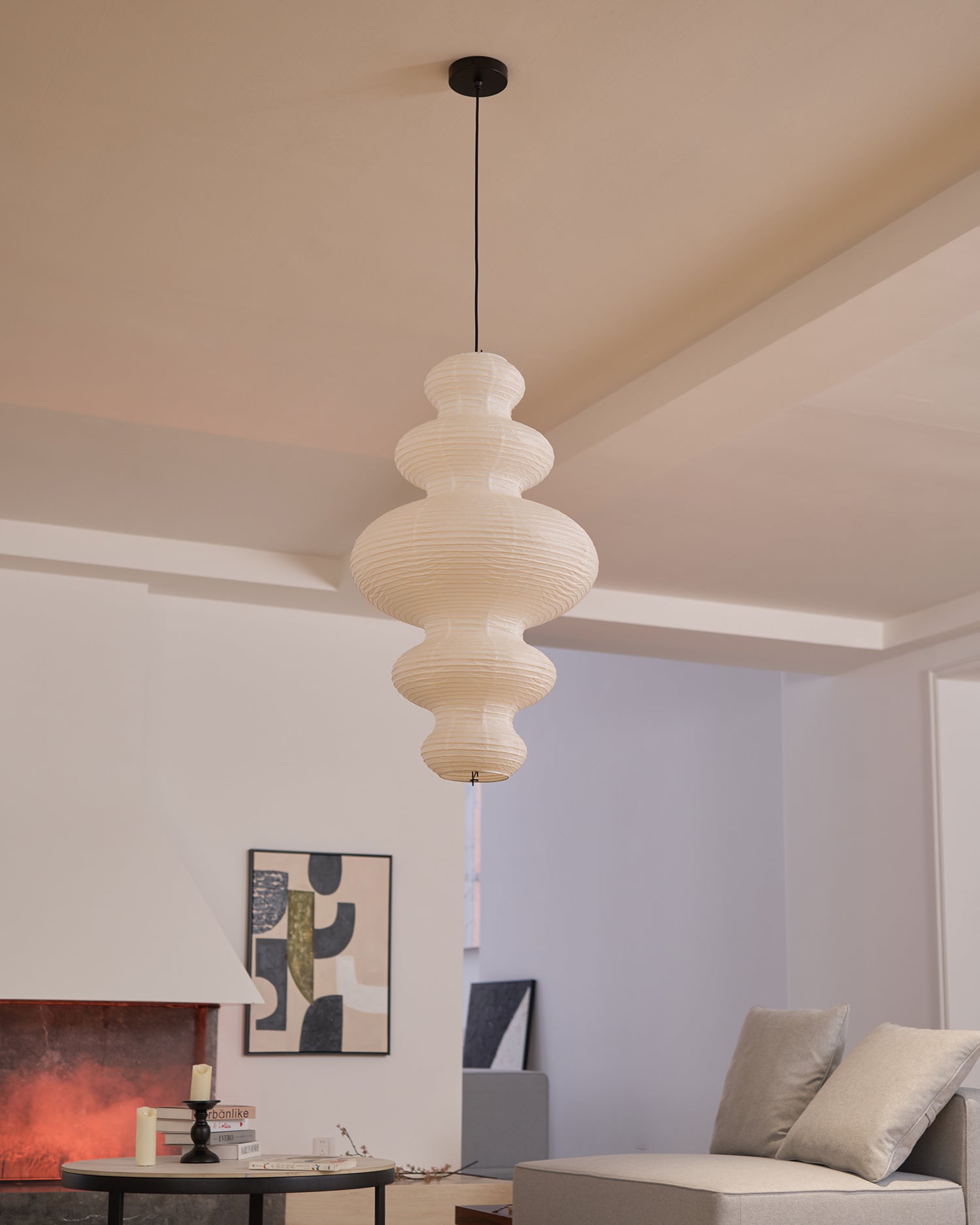 Pendant Light Rice Paper 18.5 in White Dining Room Hanging Ceiling Lamp Adjustable Cord Minimalist Japanese Style | Thomler