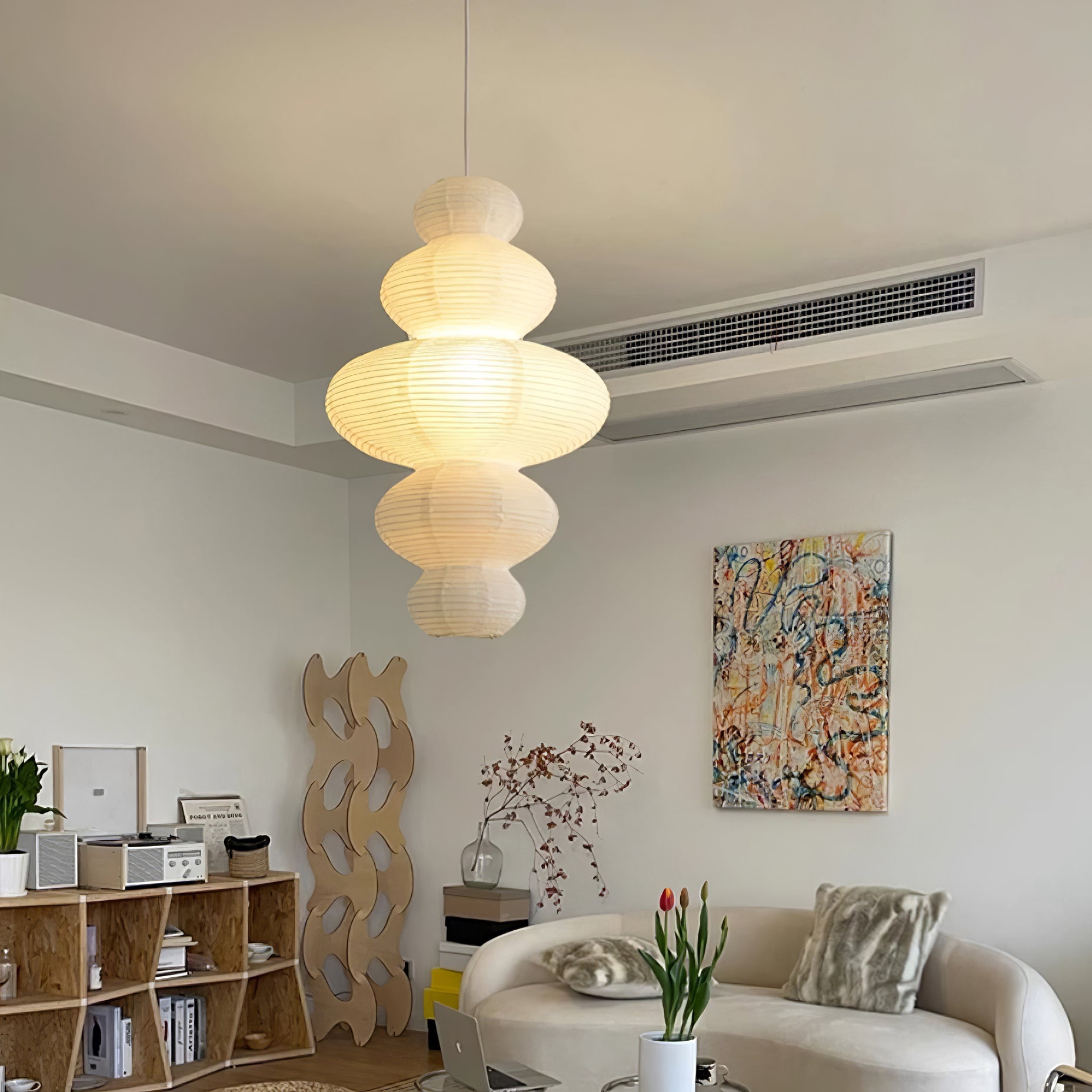 Pendant Light Rice Paper 18.5 in x 32.2 in White Dining Room Kitchen Island Hanging Lamp Sculptural Modern Minimalist | Thomler