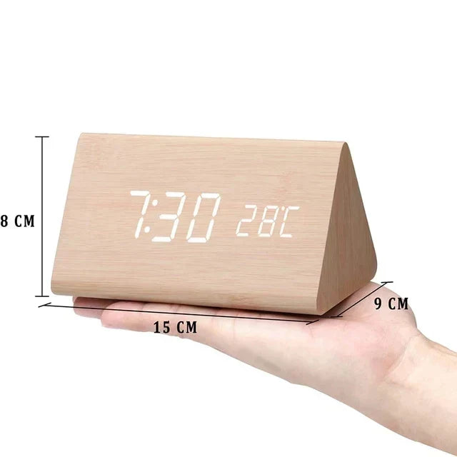 Voice-Activated Digital Alarm Clock with LED Temperature Display, Wood Grain Finish for Bedroom Nightstand, Triple Alarm System for Heavy | Thomler