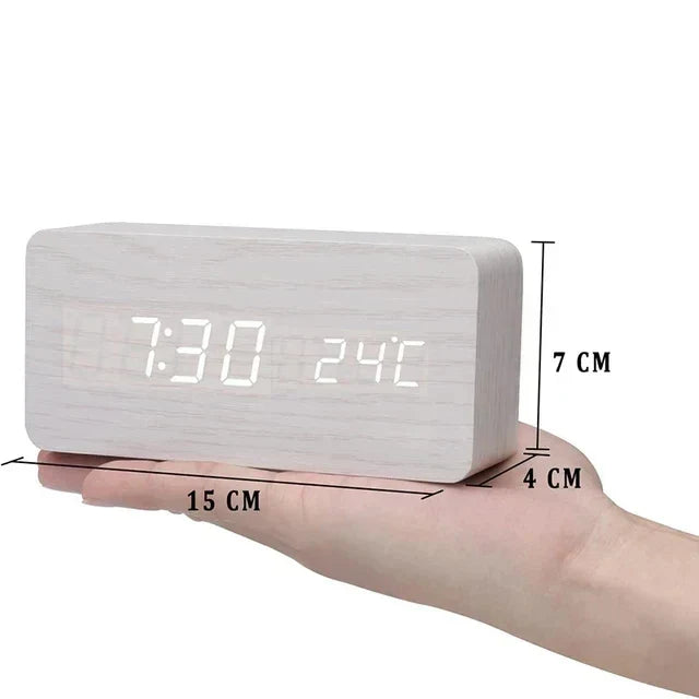 Voice-Activated Digital Alarm Clock with LED Temperature Display, Wood Grain Finish for Bedroom Nightstand, Triple Alarm System for Heavy | Thomler