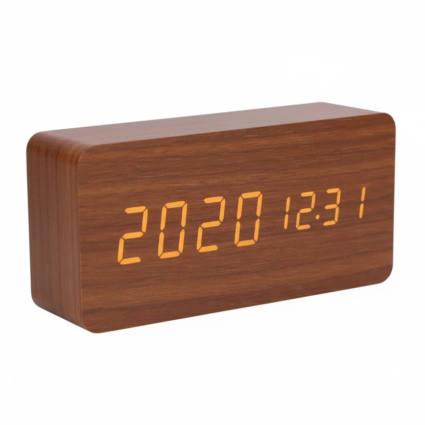 Digital Alarm Clock with Wood-Grain Finish – 3 Alarms, Temperature Display & Adjustable LED Brightness for Bedroom, Desk & Nightstand | Thomler