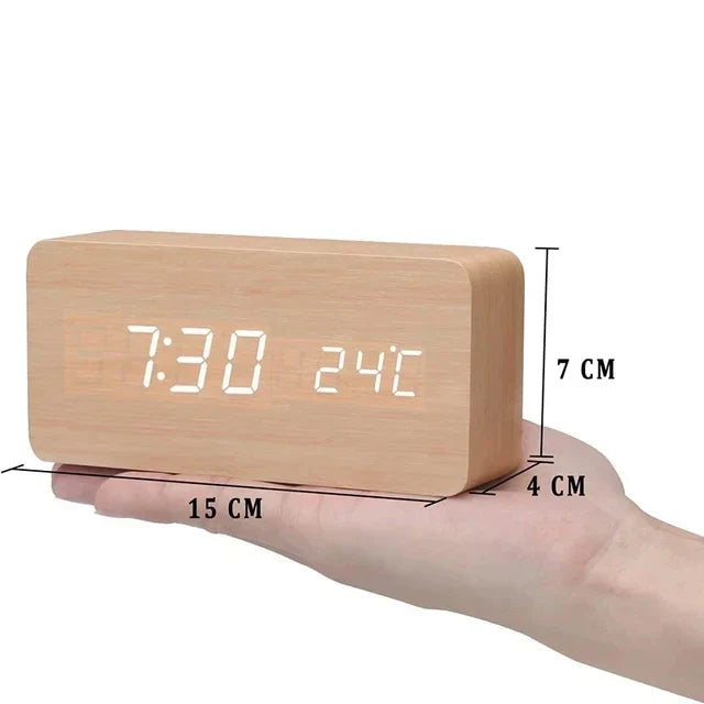 Voice-Activated Digital Alarm Clock with LED Temperature Display, Wood Grain Finish for Bedroom Nightstand, Triple Alarm System for Heavy | Thomler