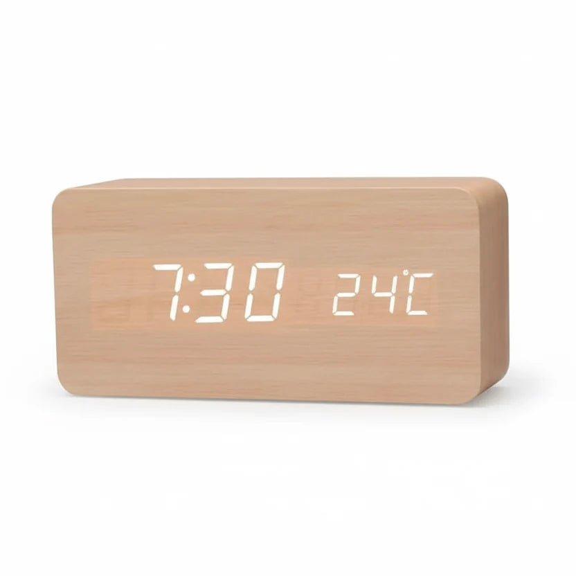 Digital Alarm Clock with Wood-Grain Finish – 3 Alarms, Temperature Display & Adjustable LED Brightness for Bedroom, Desk & Nightstand | Thomler