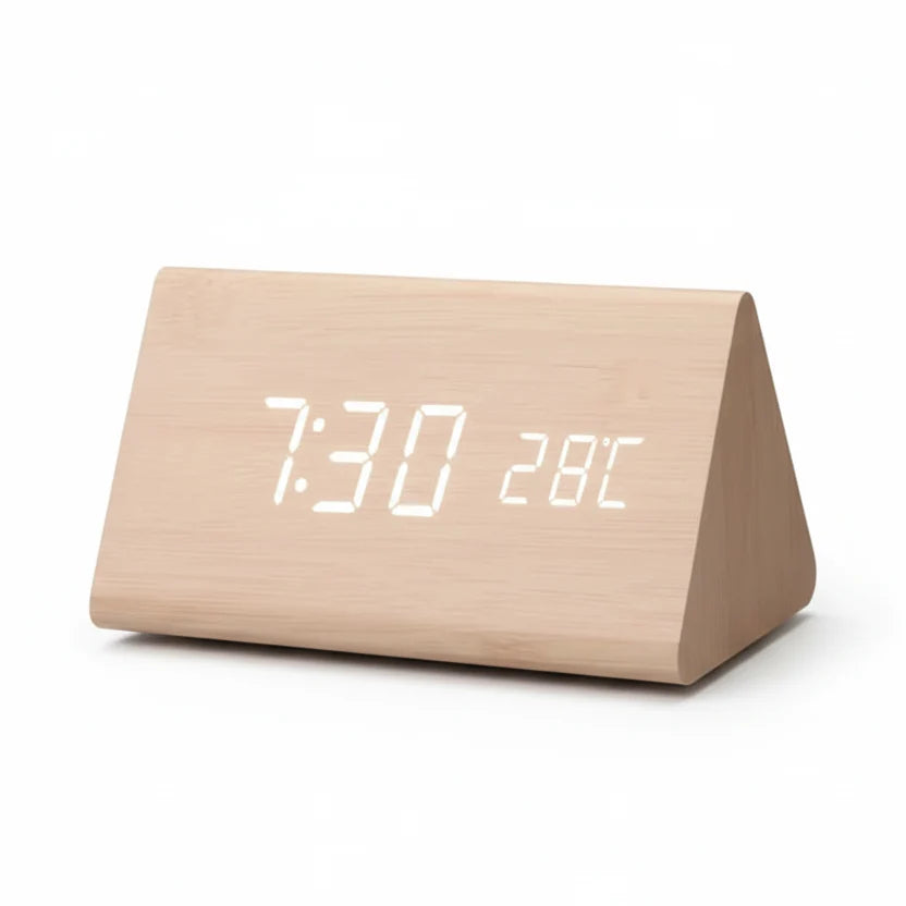 Digital Alarm Clock with Wood-Grain Finish – 3 Alarms, Temperature Display & Adjustable LED Brightness for Bedroom, Desk & Nightstand | Thomler