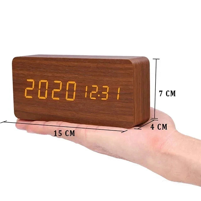 Voice-Activated Digital Alarm Clock with LED Temperature Display, Wood Grain Finish for Bedroom Nightstand, Triple Alarm System for Heavy | Thomler
