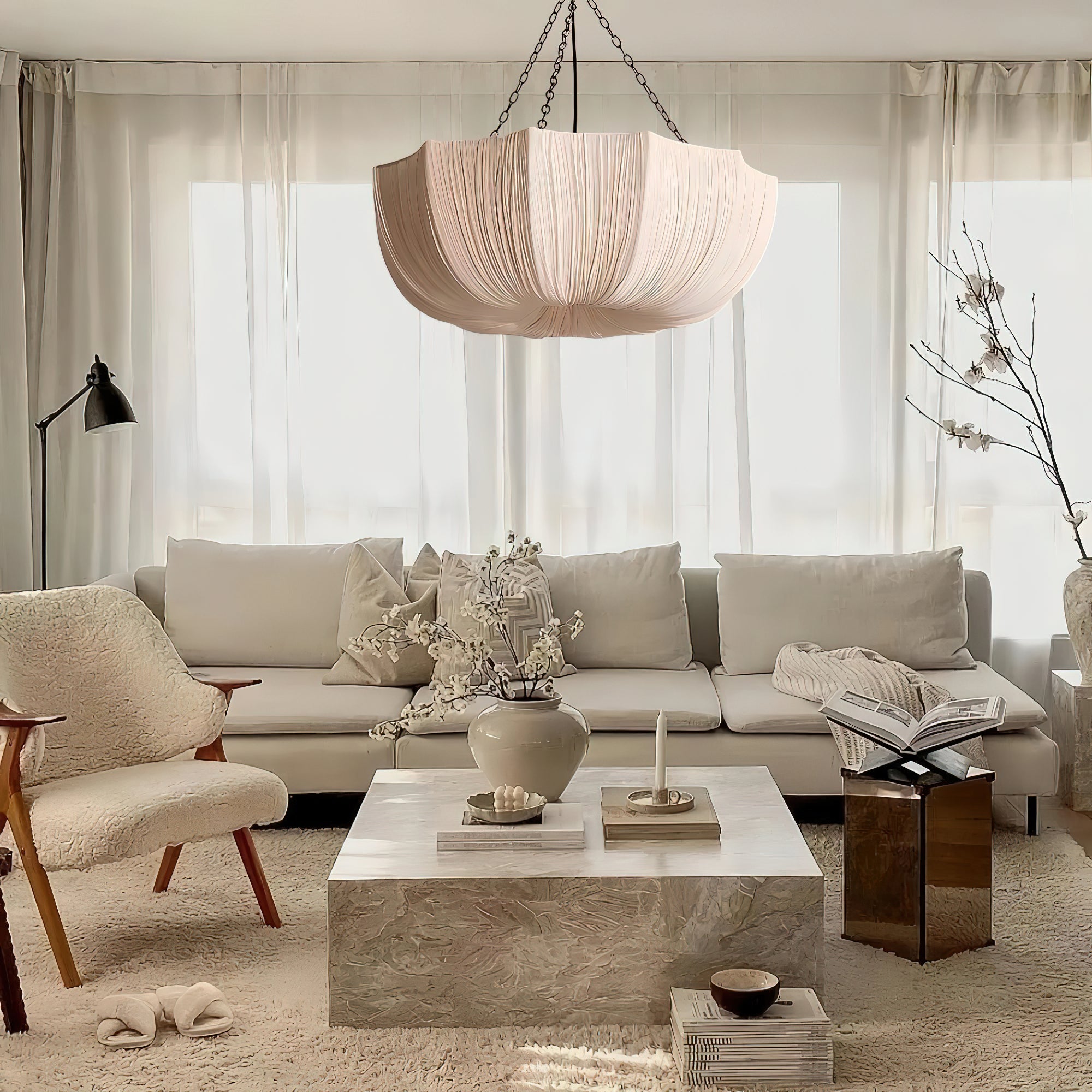 Pendant Light Fabric Bowl Shade 15.7 in Adjustable Dining Room Kitchen Island Hanging Lamp Soft Ambient Lighting | Thomler