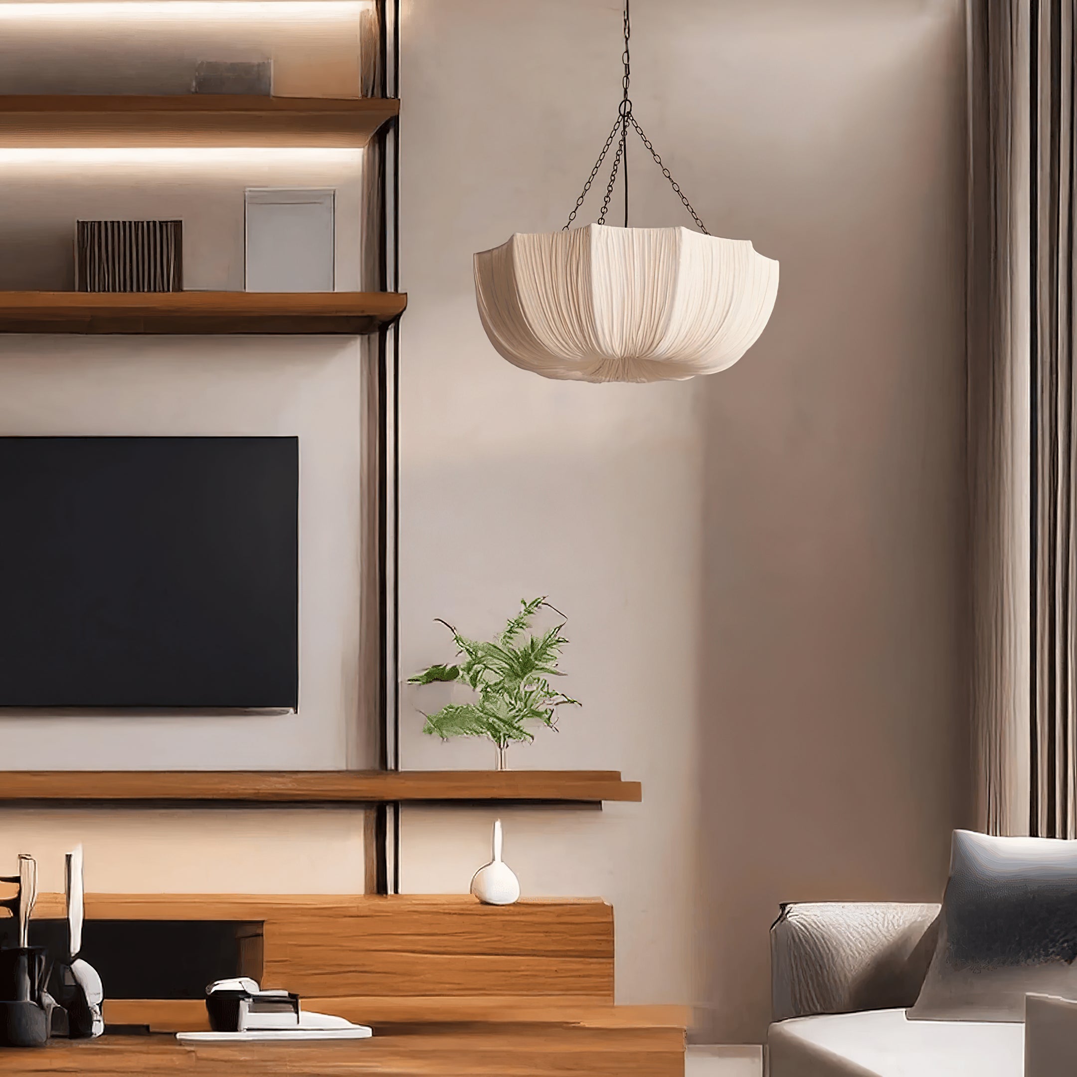 Pendant Light Fabric Bowl Shade 15.7 in Adjustable Dining Room Kitchen Island Hanging Lamp Soft Ambient Lighting | Thomler