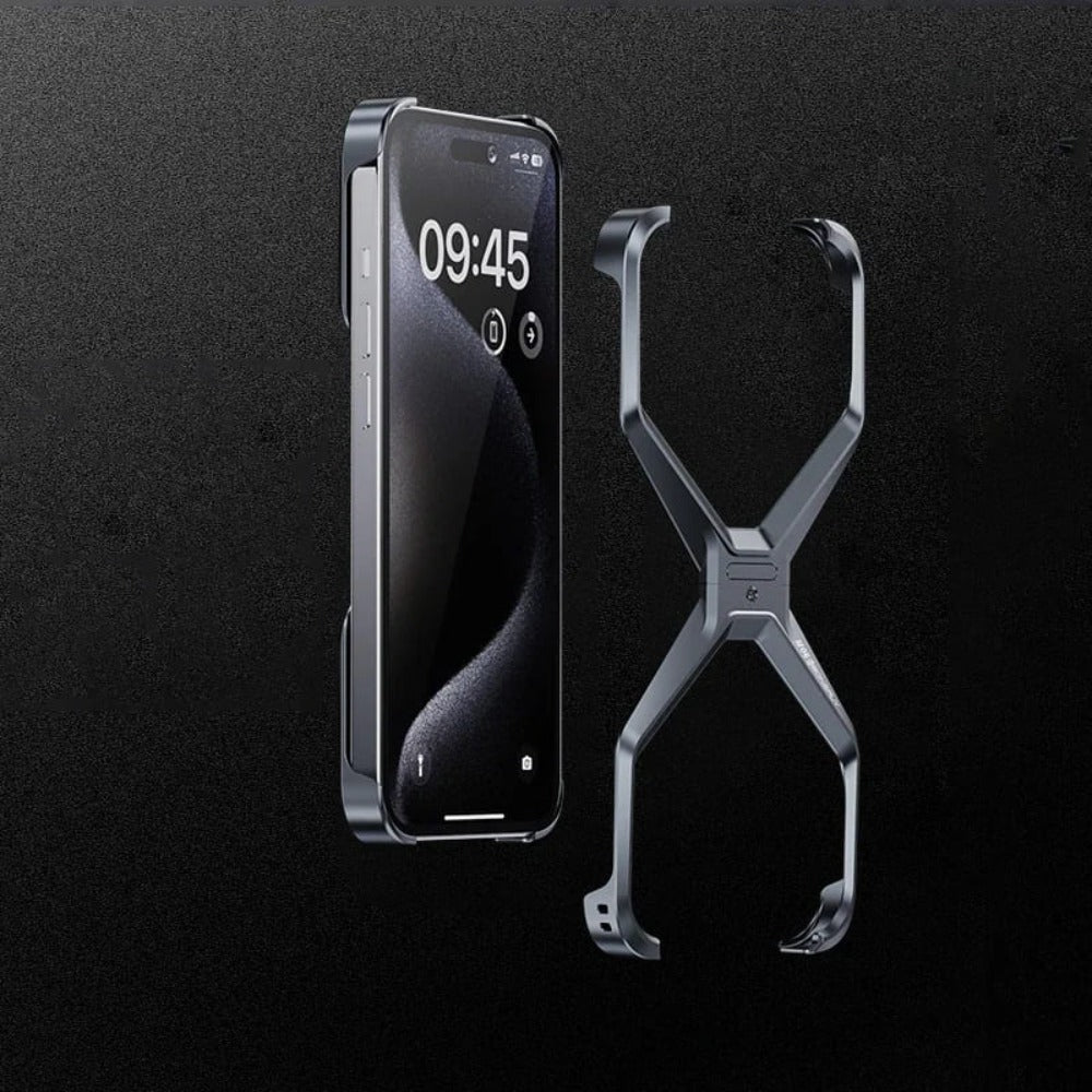 Minimalist Metal Frame Phone Case for iPhone 14, 15, 16 & 17 – Ultra-Lightweight Drop Protection with X-Frame Design | Thomler