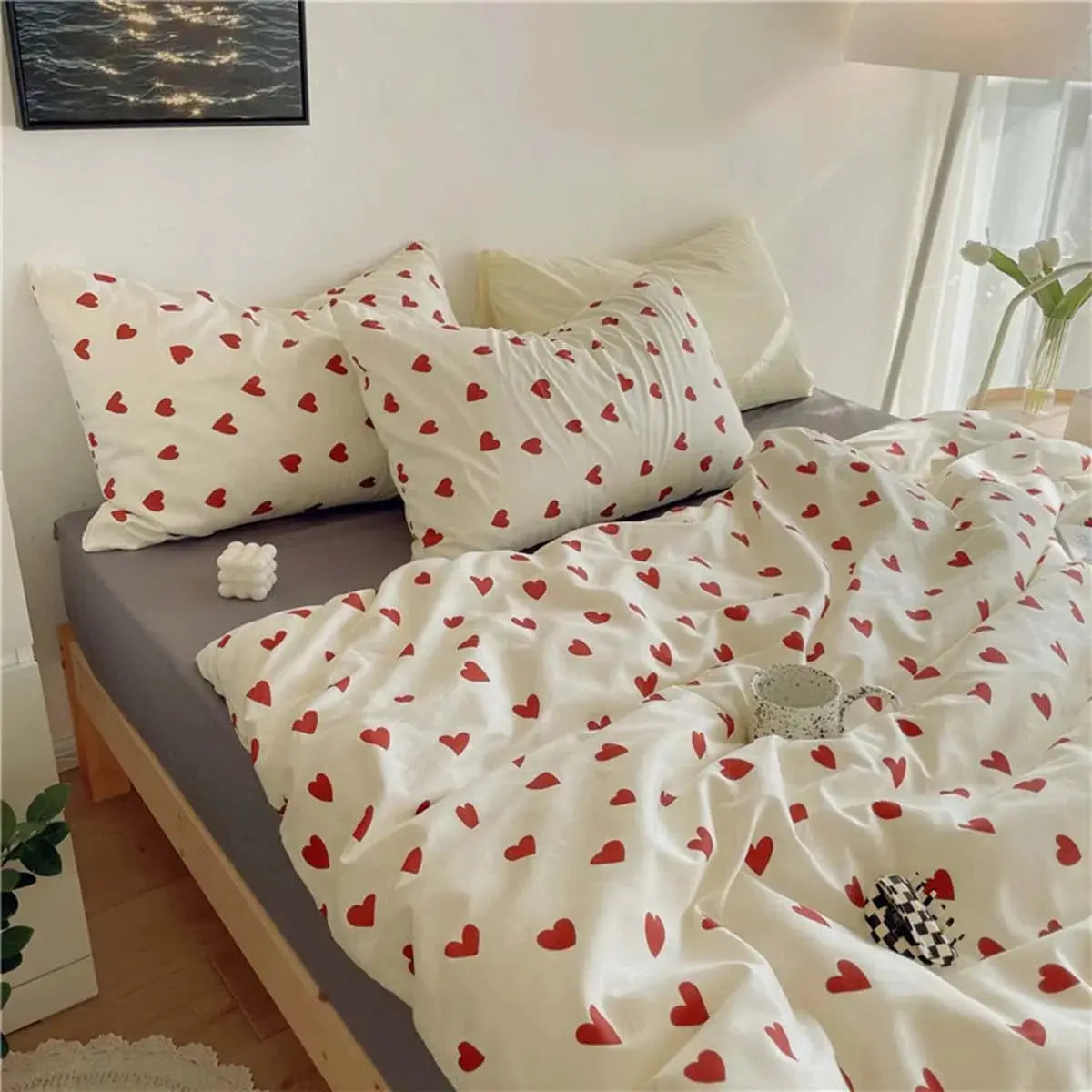 Heart Print Bedding Set – 4-Piece Queen Full Twin Duvet Cover Sheet & Pillowcases Microfiber Soft Lightweight for Kids Adults Bedroom | Thomler