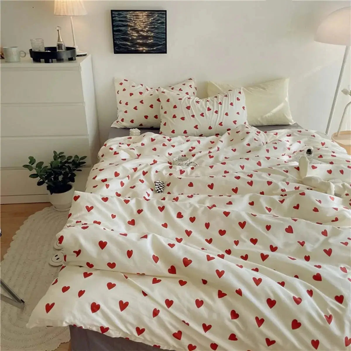 Heart Print Bedding Set – 4-Piece Queen Full Twin Duvet Cover Sheet & Pillowcases Microfiber Soft Lightweight for Kids Adults Bedroom | Thomler