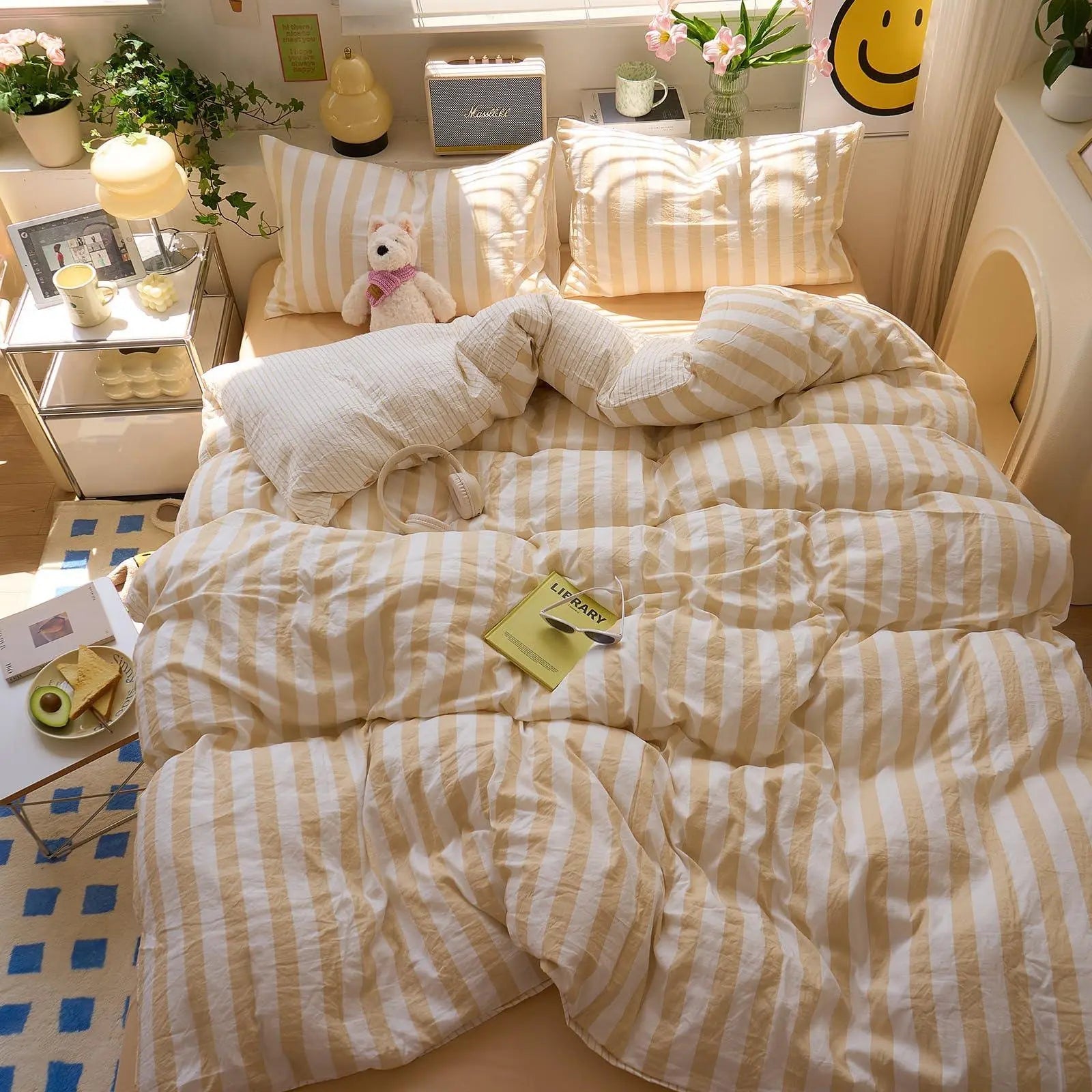 Washed Cotton Crepe Quilt Set with Fitted Sheet & Pillowcases – Breathable Striped Bedding for Year-Round Comfort | Thomler