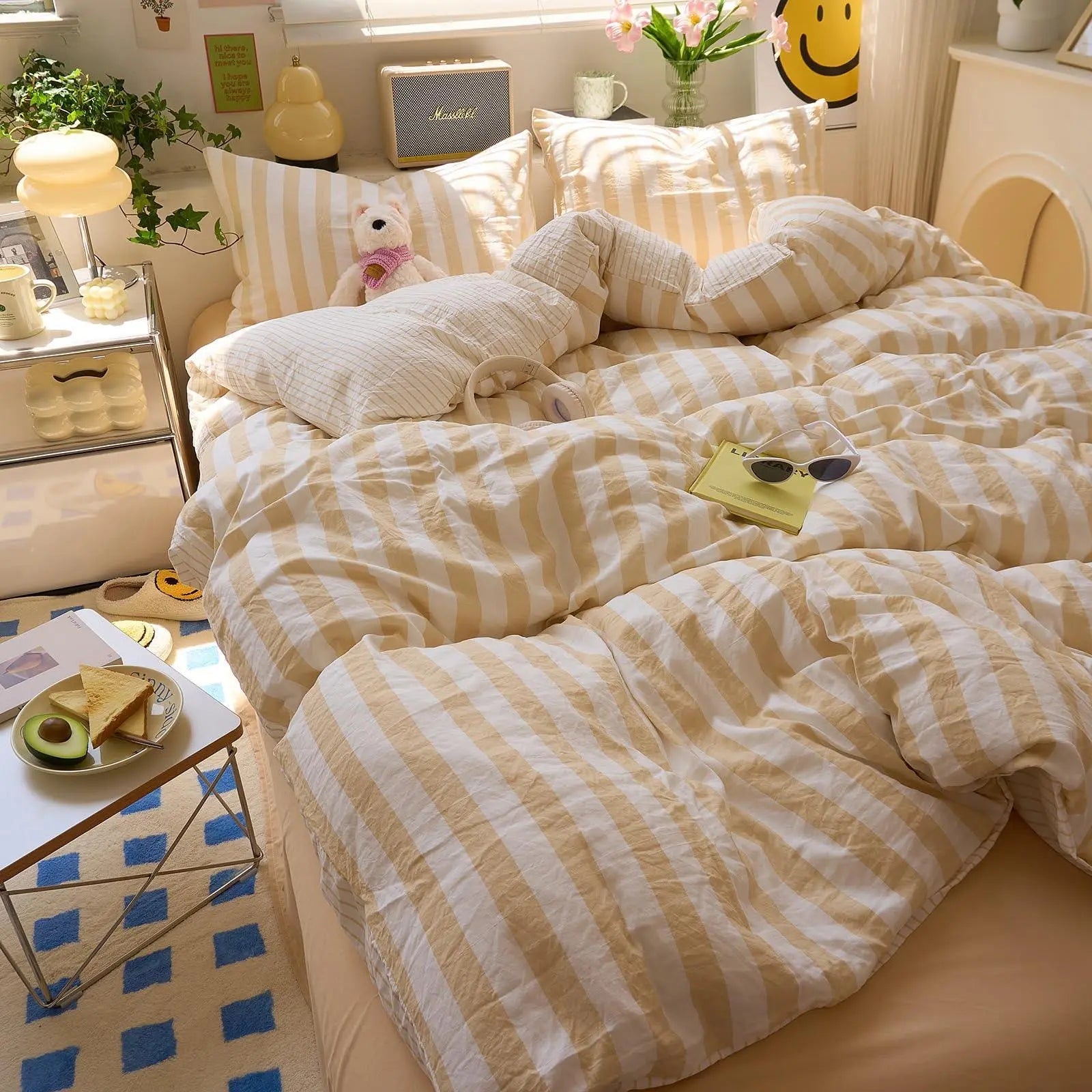 Washed Cotton Crepe Quilt Set with Fitted Sheet & Pillowcases – Breathable Striped Bedding for Year-Round Comfort | Thomler