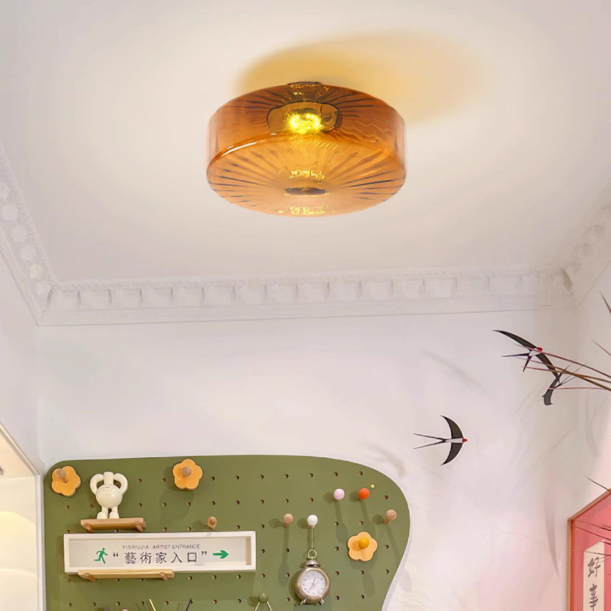 Sunburst Textured Flush Mount Light with Golden Amber Shade for Bedrooms & Hallways | Thomler
