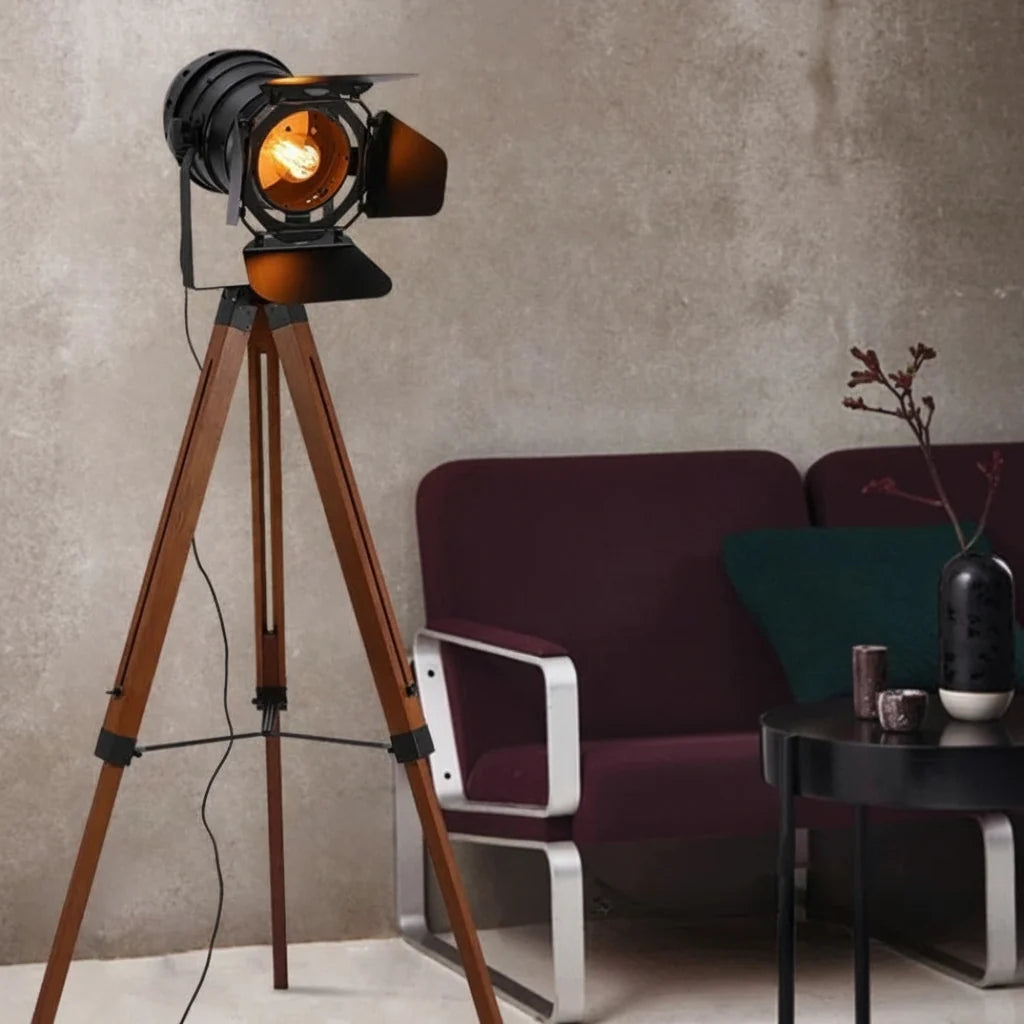 Adjustable Industrial Tripod Standing Lamp with Wood Legs & Metal Shade for Living Room | Thomler