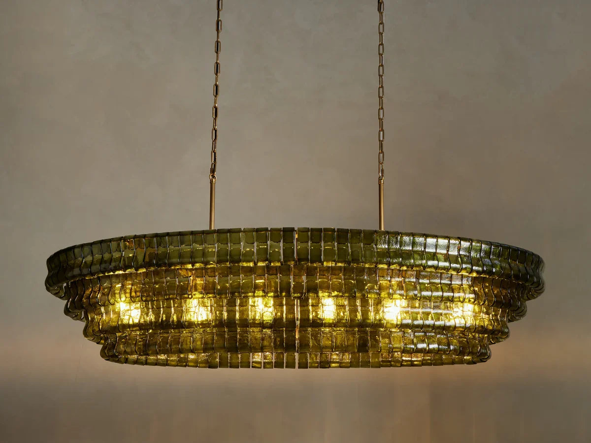 Oval Statement Chandelier Steel Frame Curved Glass Panels Adjustable Drop 5 or 12 Bulbs Dining Room Foyer | Thomler