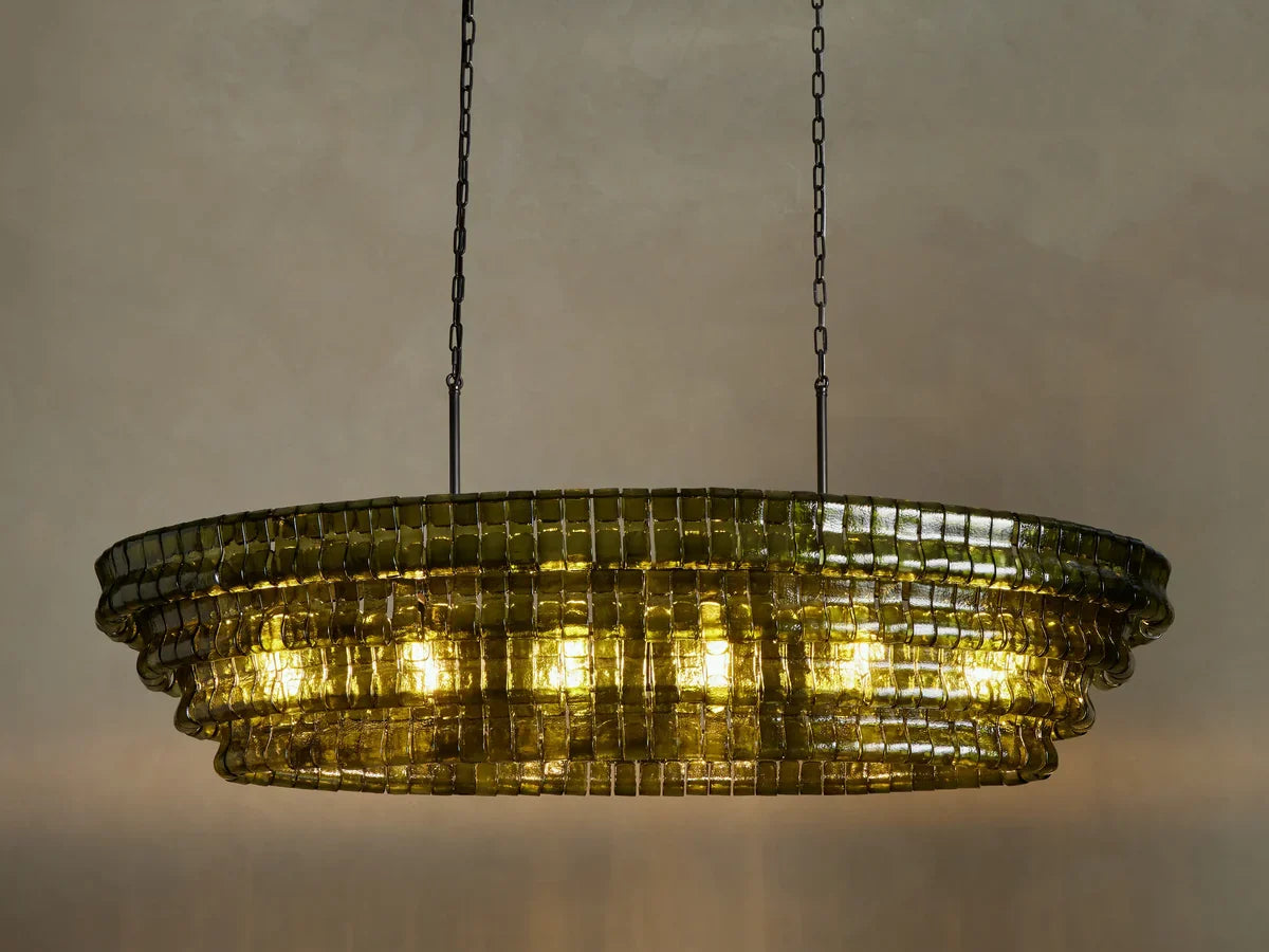 Oval Statement Chandelier Steel Frame Curved Glass Panels Adjustable Drop 5 or 12 Bulbs Dining Room Foyer | Thomler