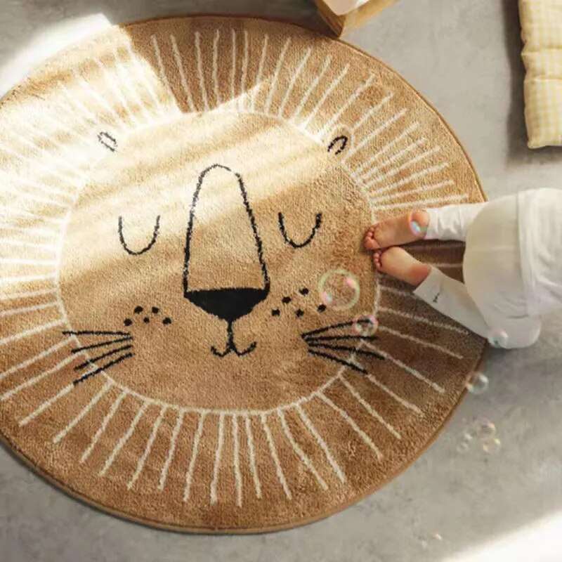 Childrens Rug Polyester Microfibre 100.0 cm Lion Pattern Playroom Nursery Round Washable Soft Floor Mat Decor | Thomler