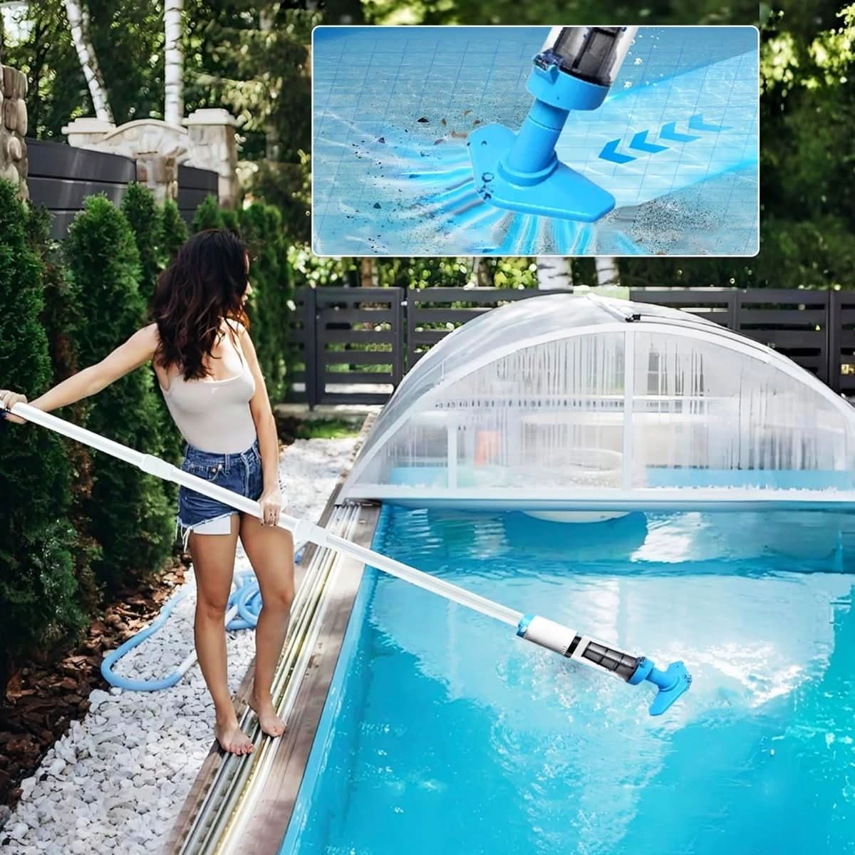 Rechargeable Pool Vacuum Cleaner with Telescoping Pole & Brush Attachments for In-Ground & Above-Ground Pools, Spas, Hot Tubs | Thomler