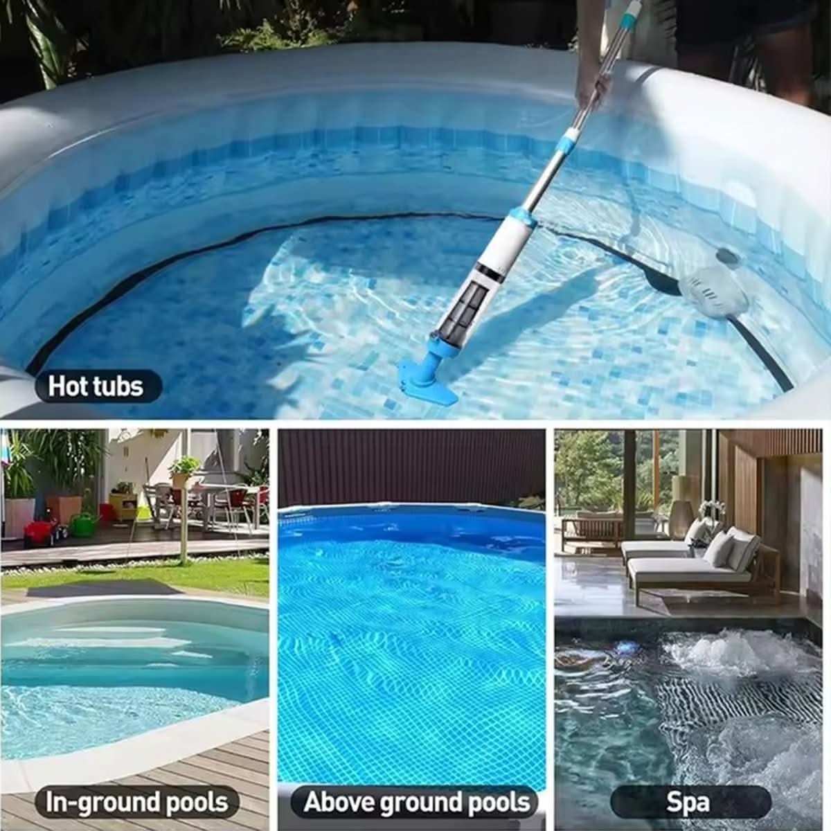 Rechargeable Pool Vacuum Cleaner with Telescoping Pole & Brush Attachments for In-Ground & Above-Ground Pools, Spas, Hot Tubs | Thomler