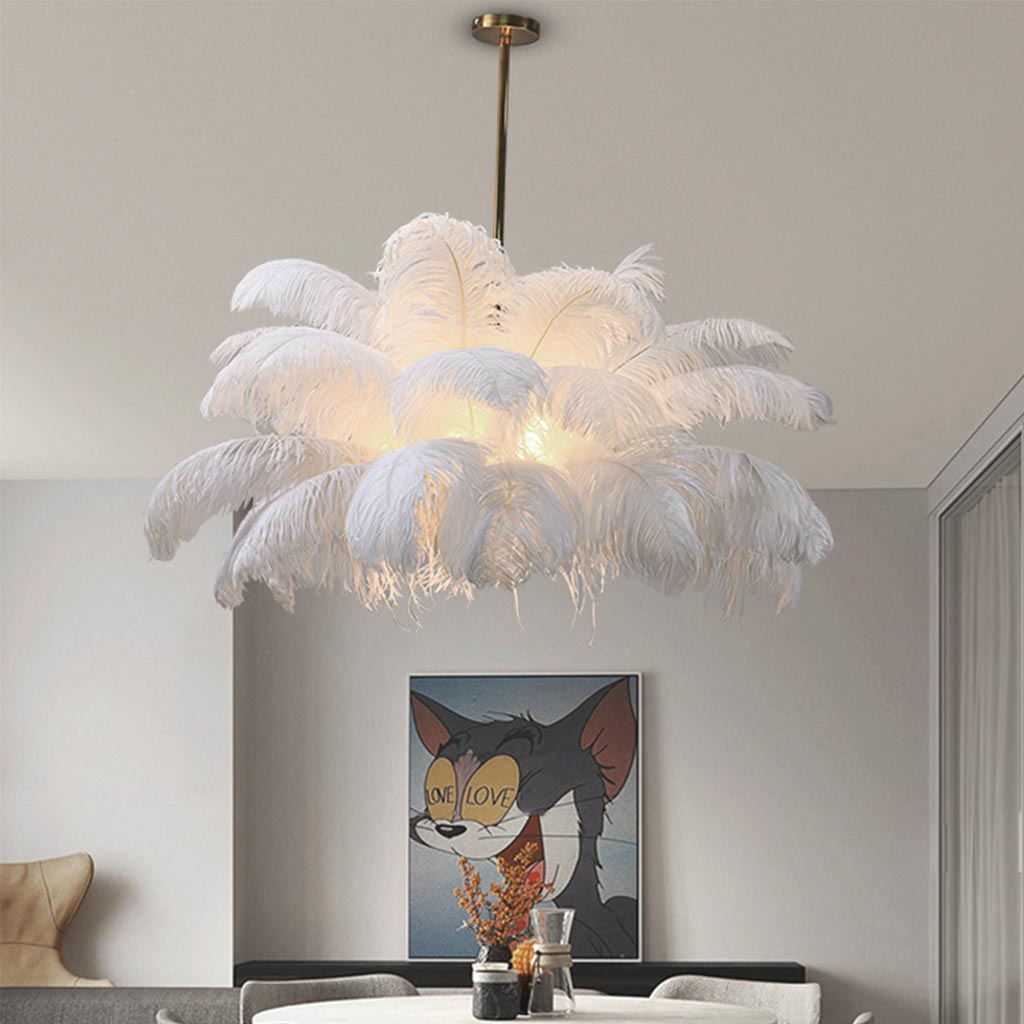 Pendant Light Ostrich Feather 80.0 cm White Living Room Bedroom Ceiling Hanging Lamp LED Ambient Lighting | Thomler