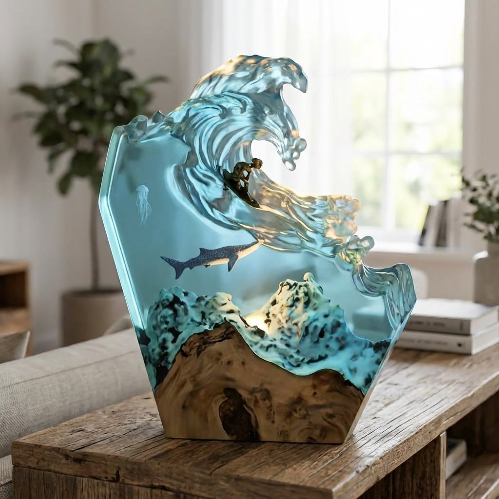 Table Lamp Resin Wood 20.0 cm Blue Ocean Decorative Indoor Mood Light Handmade Maritime Artwork Surfer Accent Lighting | Thomler