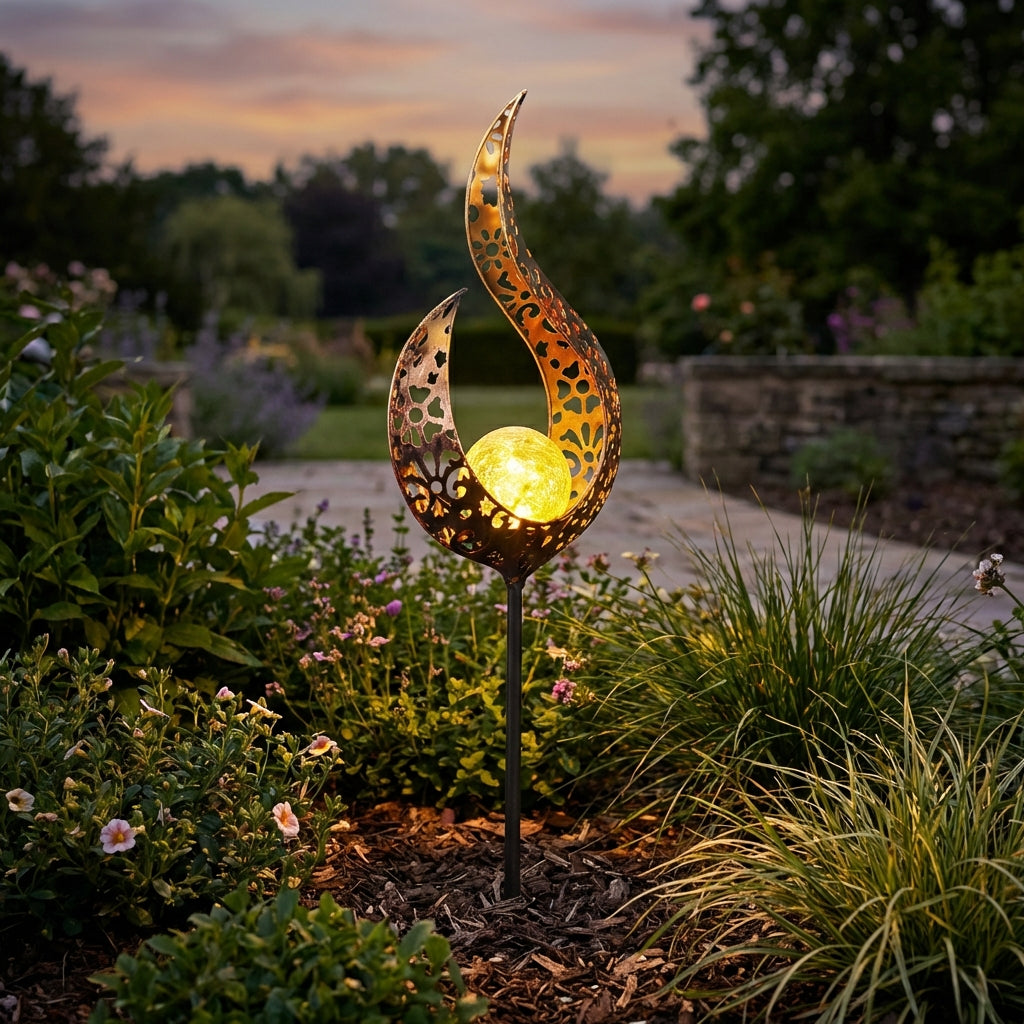 Garden Stake Iron 28.0 cm (11.0") Warm Light Pathway Solar Decoration Crackle Glass Outdoor Landscape Lighting | Thomler