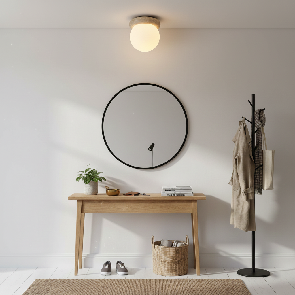 Ceiling Light Travertine Stone 6.3 in Beige Glass Shade Living Room Bedroom Flush Mount Ambient Lighting Fixture | Thomler