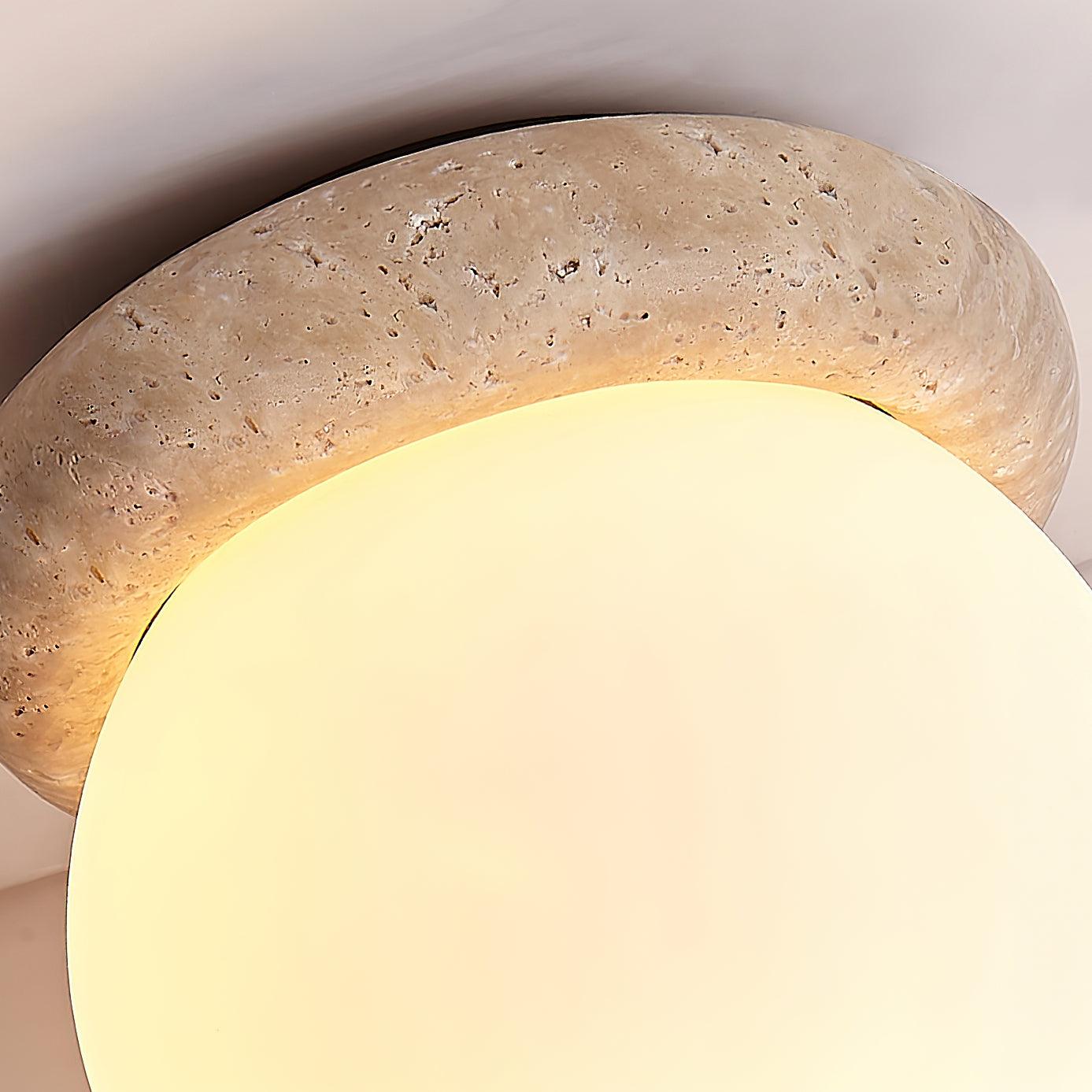 Ceiling Light Travertine Stone 6.3 in Beige Glass Shade Living Room Bedroom Flush Mount Ambient Lighting Fixture | Thomler