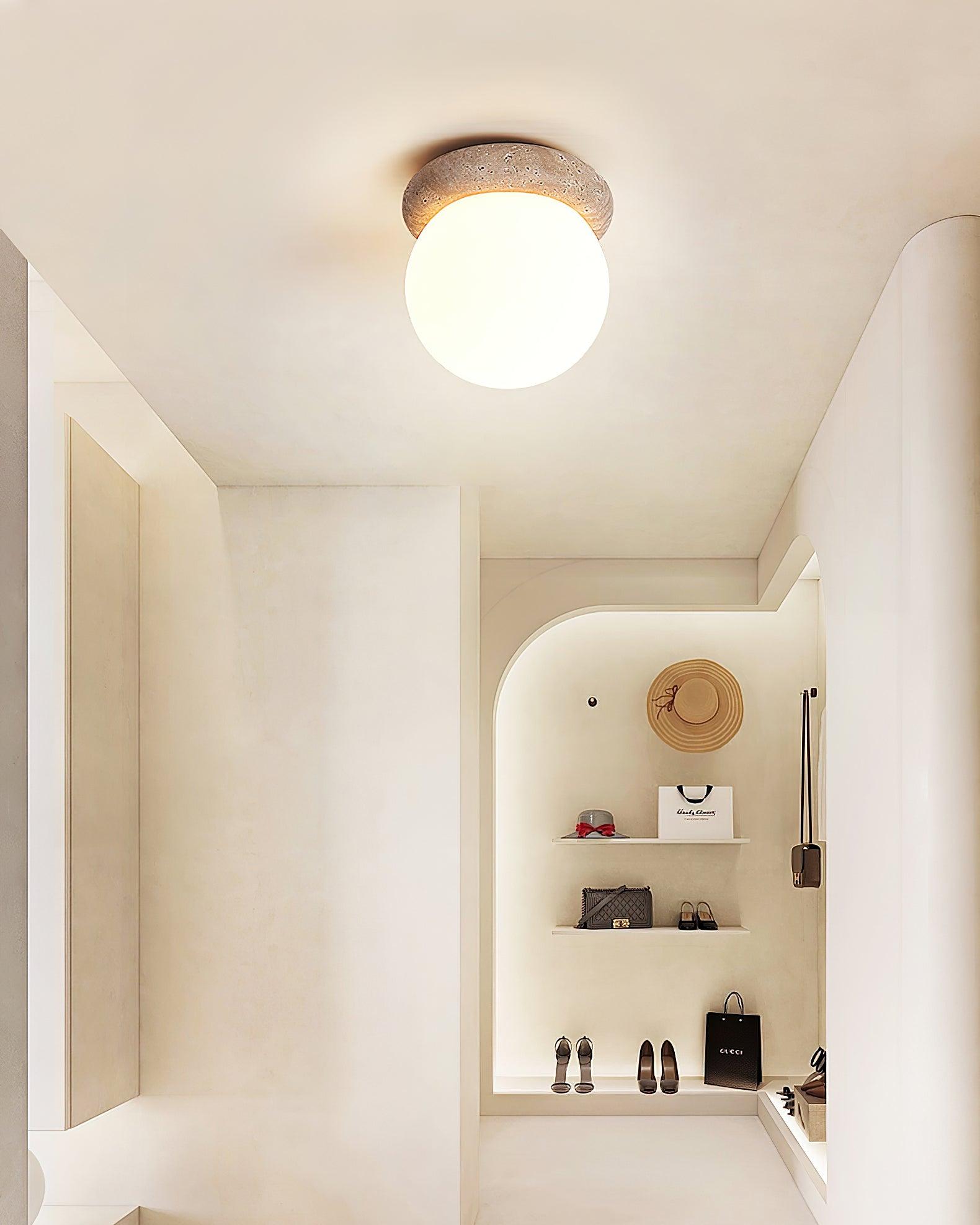 Ceiling Light Travertine Stone 6.3 in Beige Glass Shade Living Room Bedroom Flush Mount Ambient Lighting Fixture | Thomler