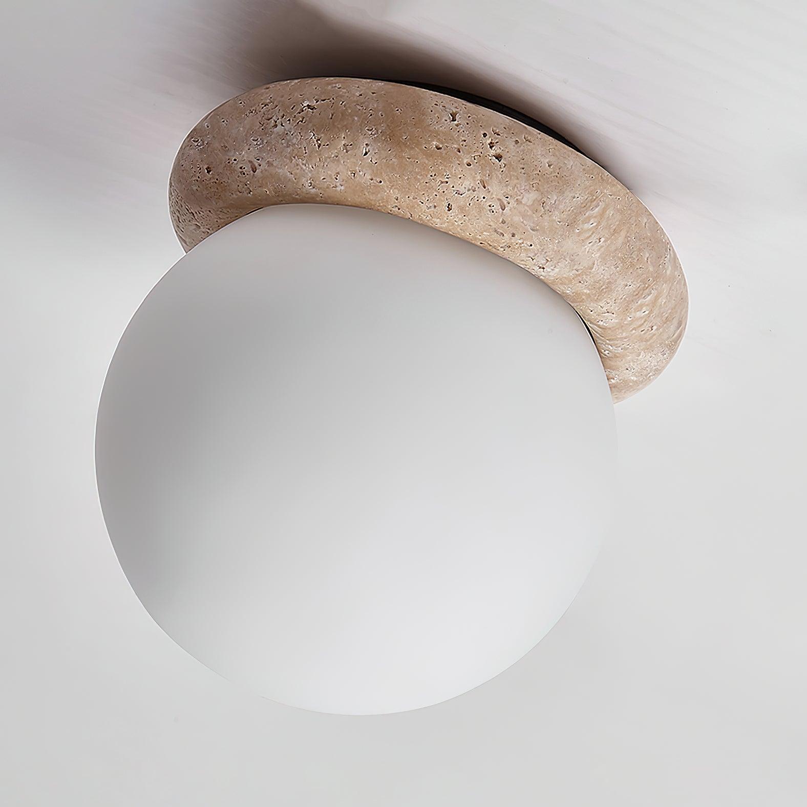Ceiling Light Travertine Stone 6.3 in Beige Glass Shade Living Room Bedroom Flush Mount Ambient Lighting Fixture | Thomler