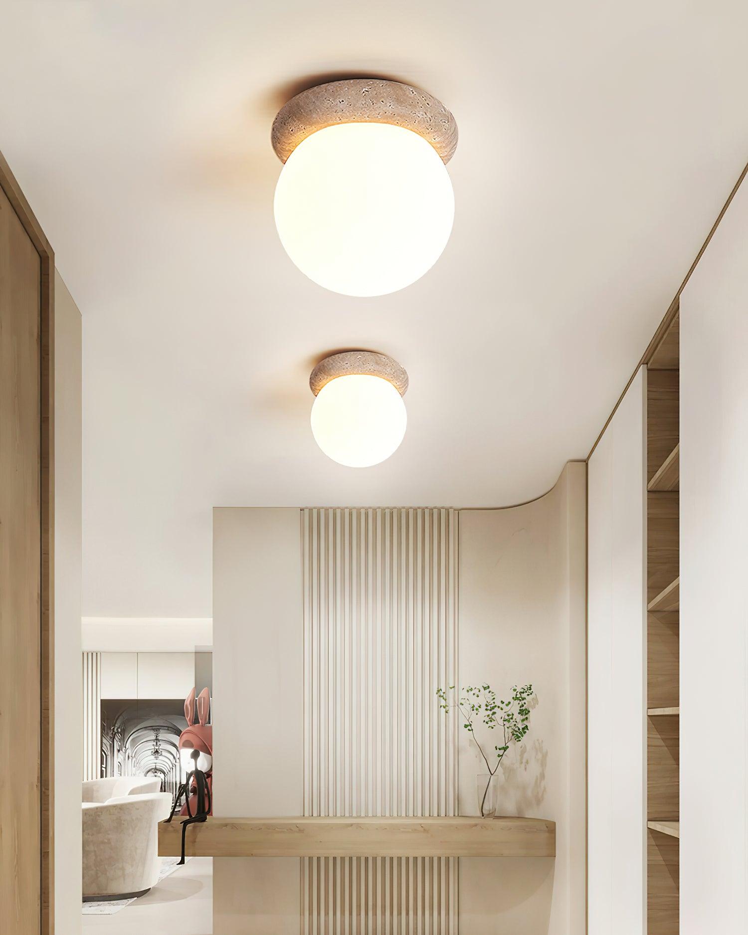 Ceiling Light Travertine Stone 6.3 in Beige Glass Shade Living Room Bedroom Flush Mount Ambient Lighting Fixture | Thomler