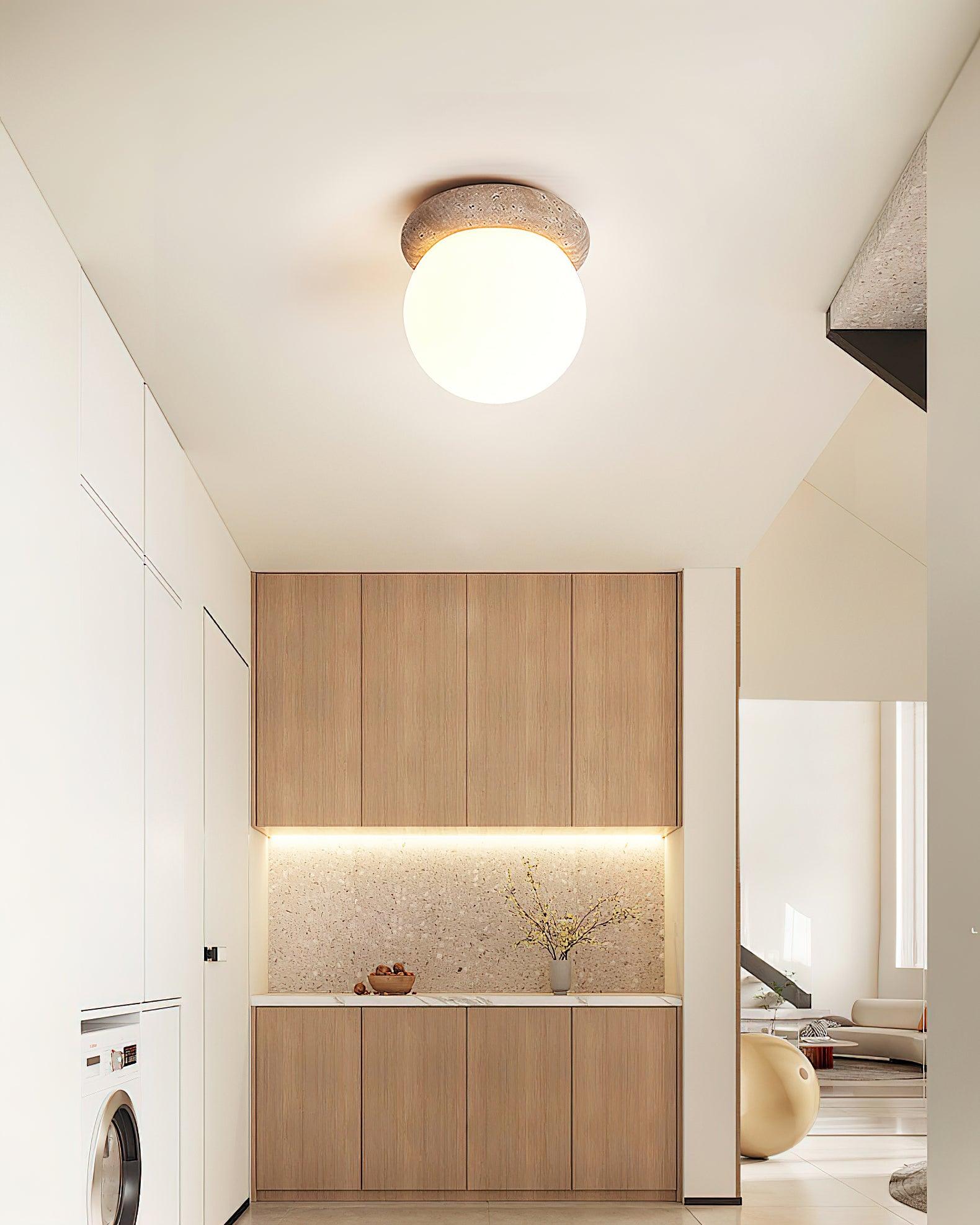 Ceiling Light Travertine Stone 6.3 in Beige Glass Shade Living Room Bedroom Flush Mount Ambient Lighting Fixture | Thomler